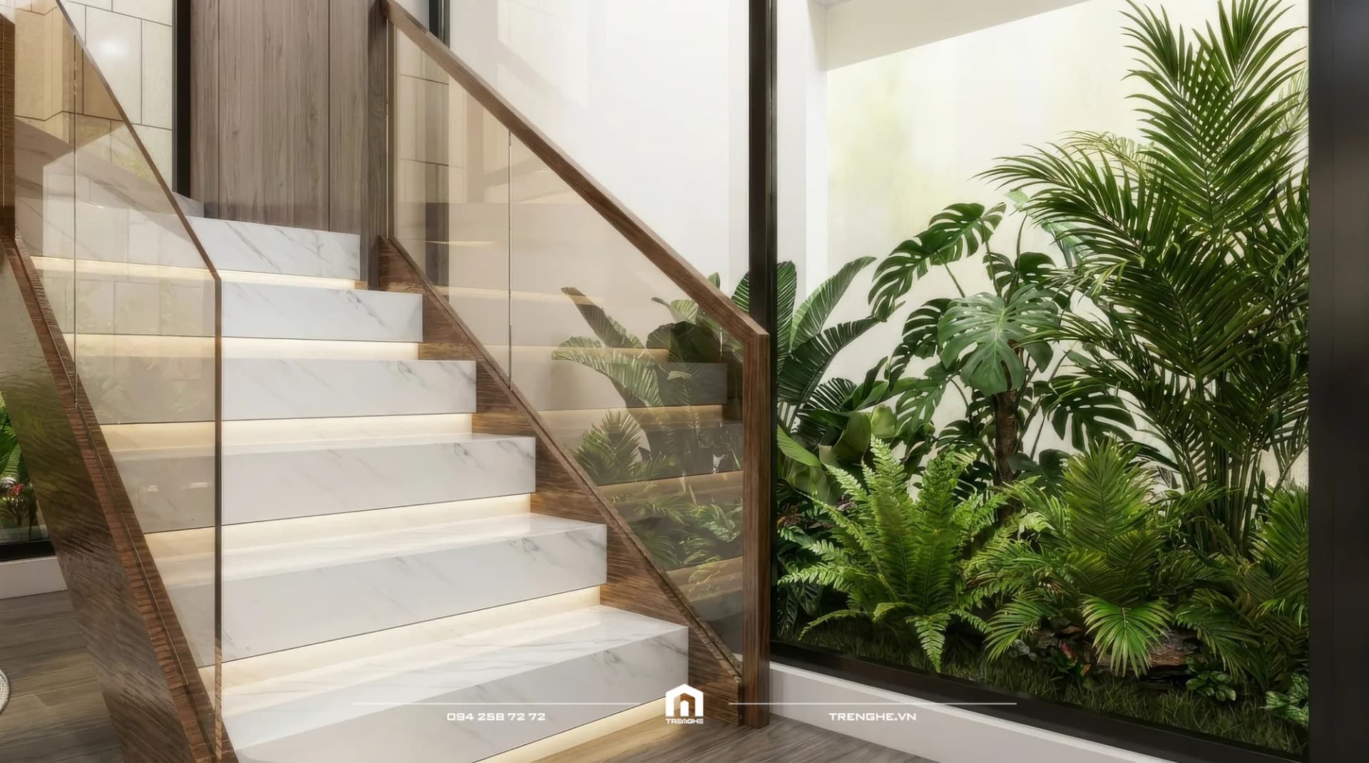Cầu thang G2 Villa với bậc đá sáng, khe sáng theo từng bậc, lan can kính và khu vườn nhìn qua hệ kính cao