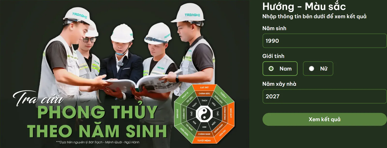 Công cụ xem hướng nhà online của Tre Nghệ: ô nhập năm sinh, giới tính và năm xây nhà