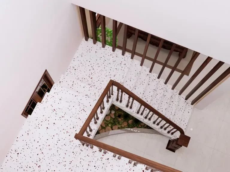 Cầu thang bậc đá chữ U phối tay vịn gỗ