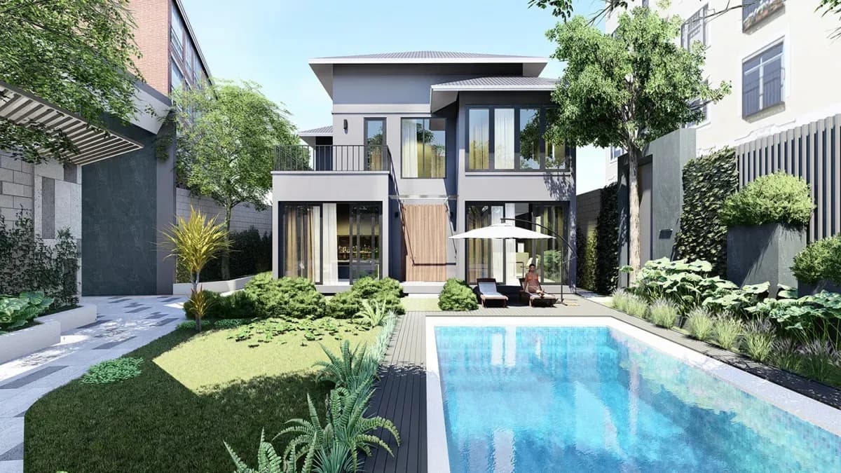 Mẫu nhà hiện đại sân vườn có hồ bơi