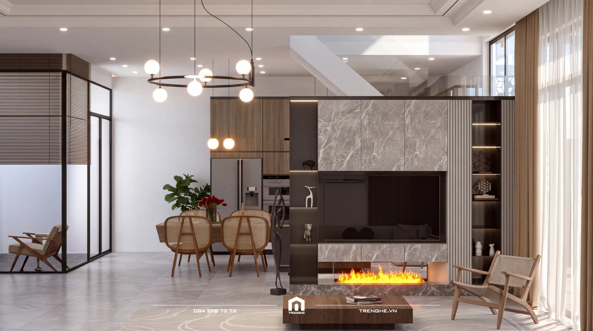 Vách tivi phòng khách B’ Villa ốp vân đá xám, lò sưởi 4D hơi nước, lam xám và kệ hắt LED, phía sau là bàn ăn và gian bếp