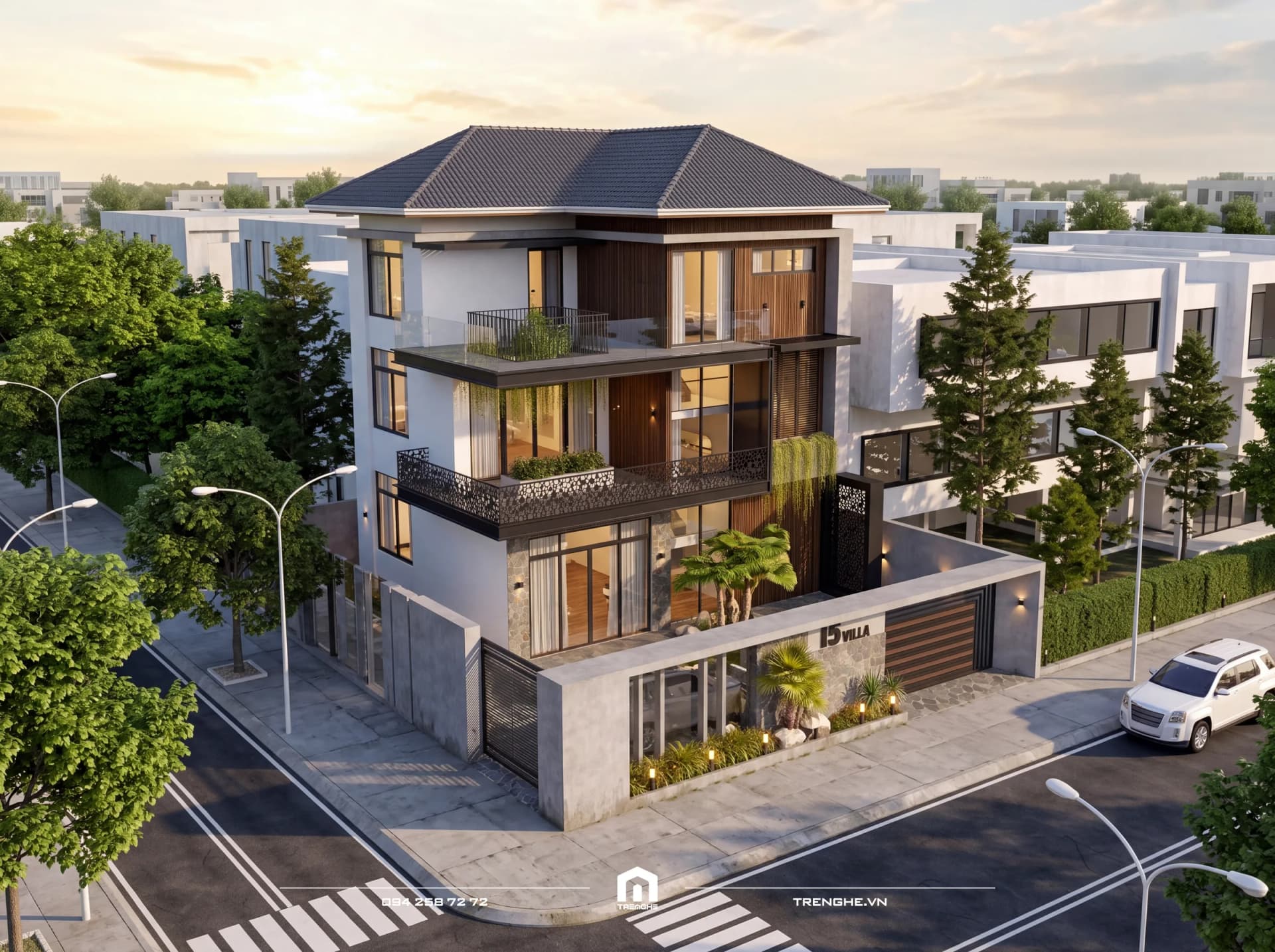 Toàn cảnh biệt thự mái Nhật 3 tầng B’ Villa Long Hải trên lô góc hai mặt tiền, nhìn từ trên cao trong nắng chiều