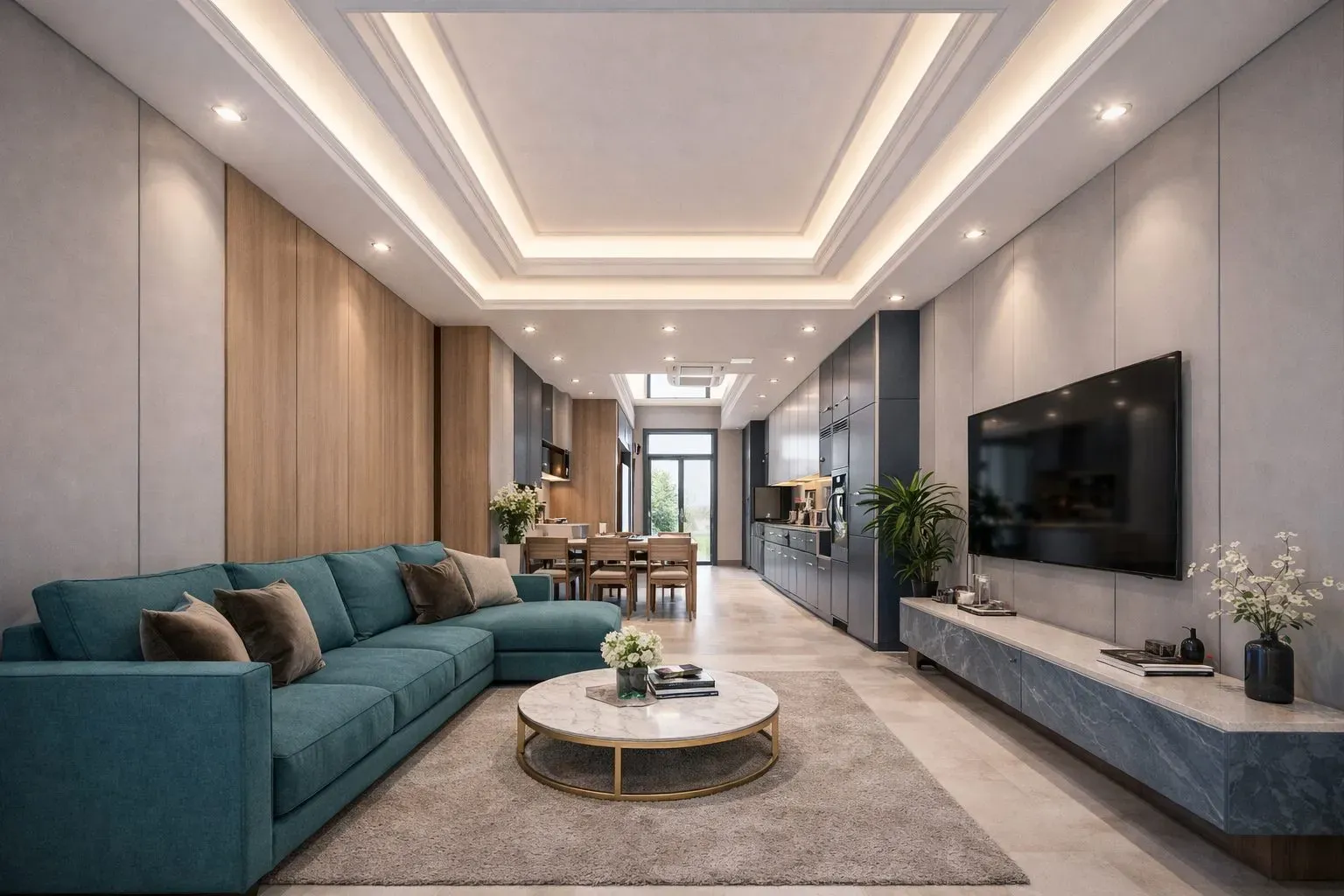 Bếp hiện đại với thiết kế trần thạch cao độc đáo