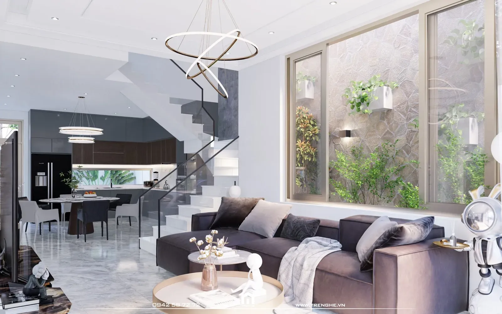 Khoảng tường được thiết kế thành cửa sổ lớn với tầm nhìn xanh mát