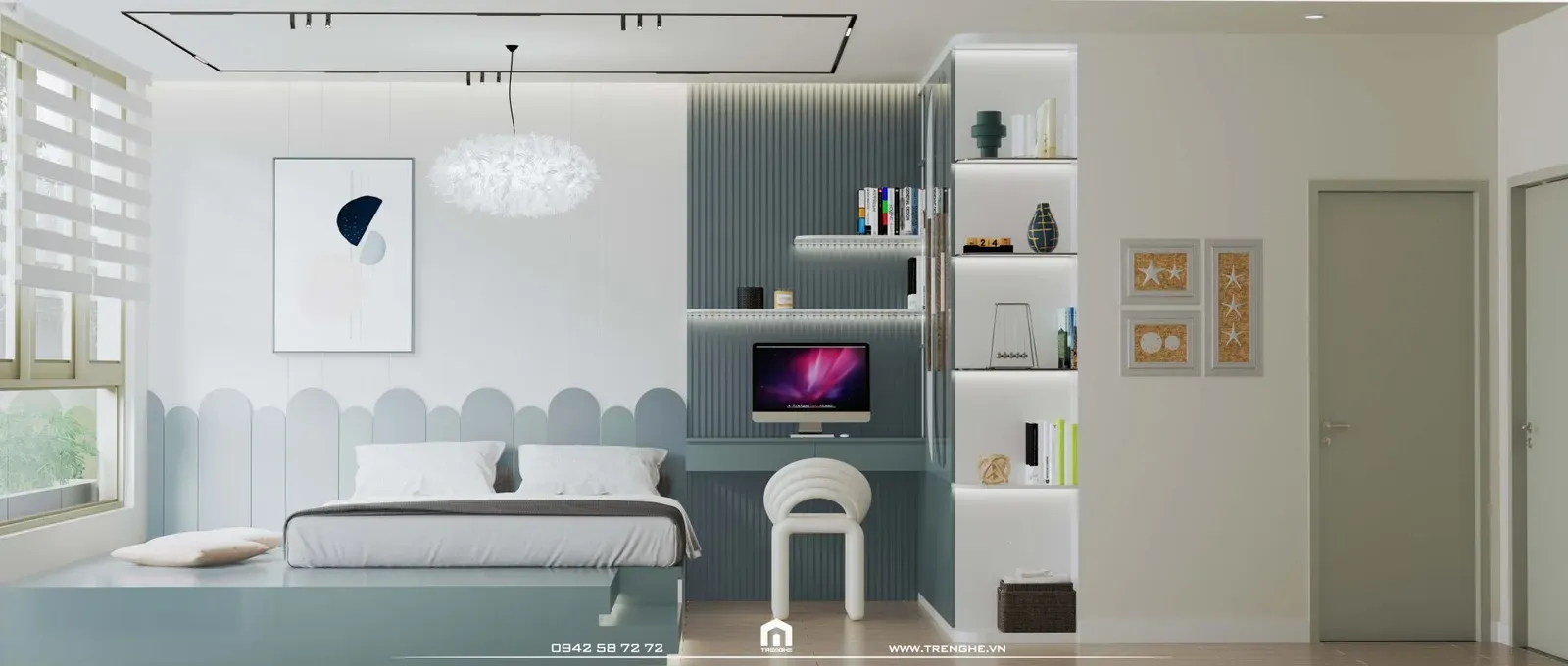 Phòng ngủ cho bé với khu vực học tập và nghỉ ngơi