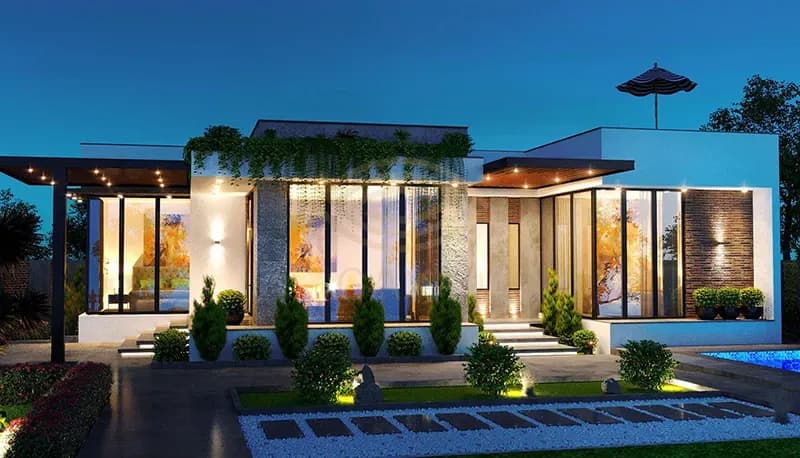 Biệt thự sân vườn hiện đại sử dụng vật liệu kính