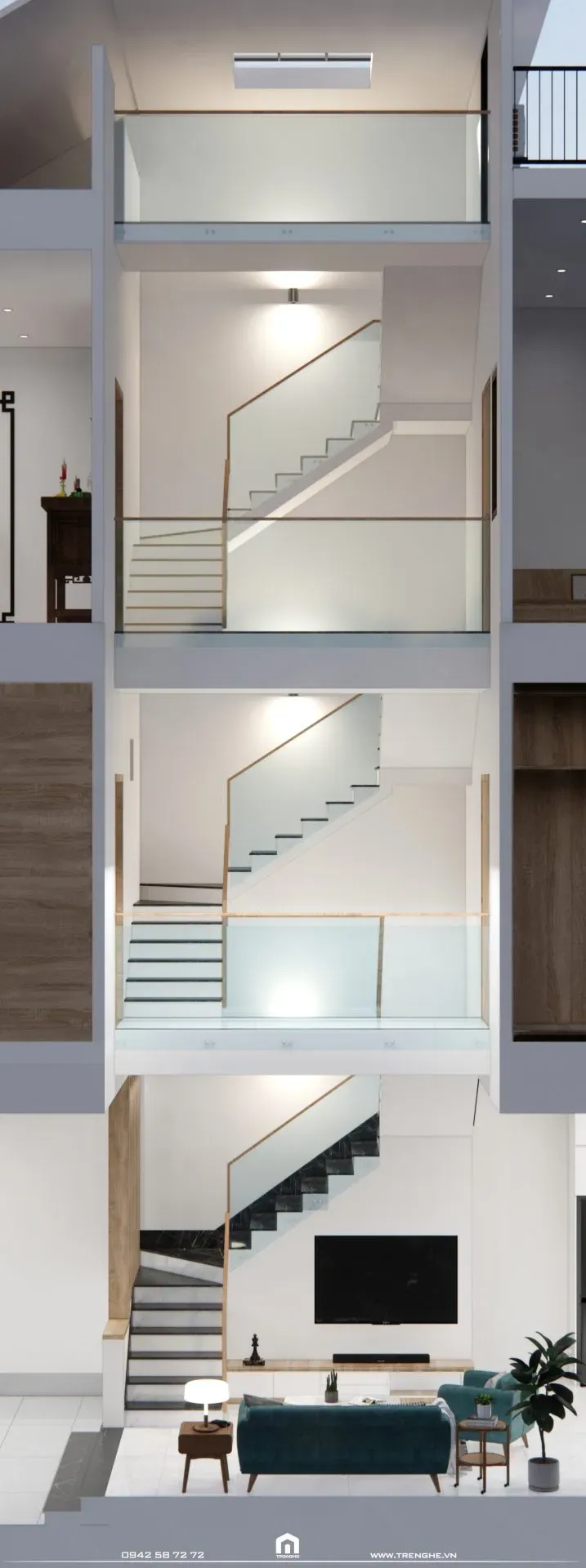 Cầu thang kim loại với chất liệu kính đem đến hiệu ứng phản quang ánh sáng xanh mới lạ
