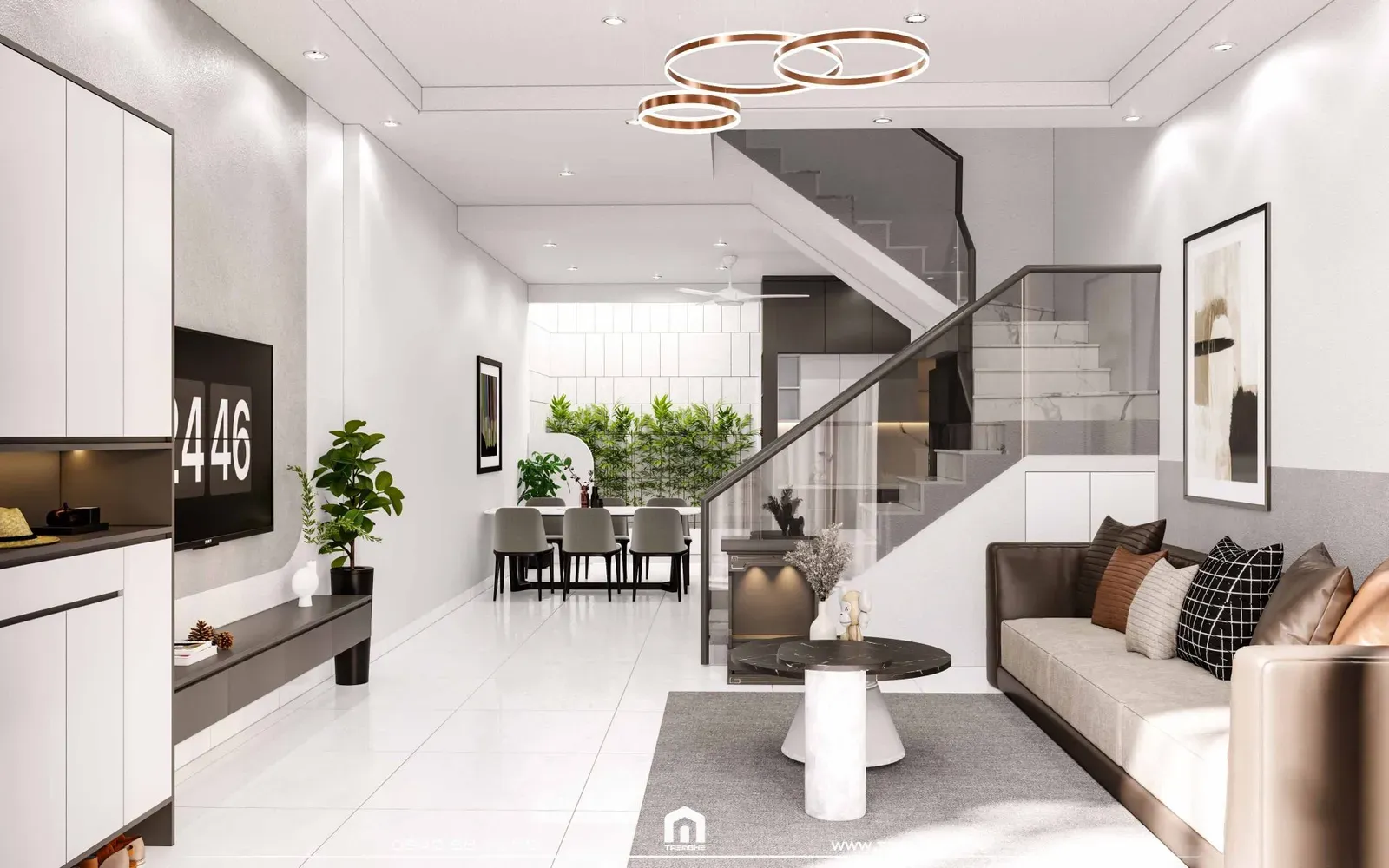 Cầu thang kính hình chữ U tăng thẩm mỹ hiện đại và thuận tiện cho việc đi lại trong nhà ống 5m