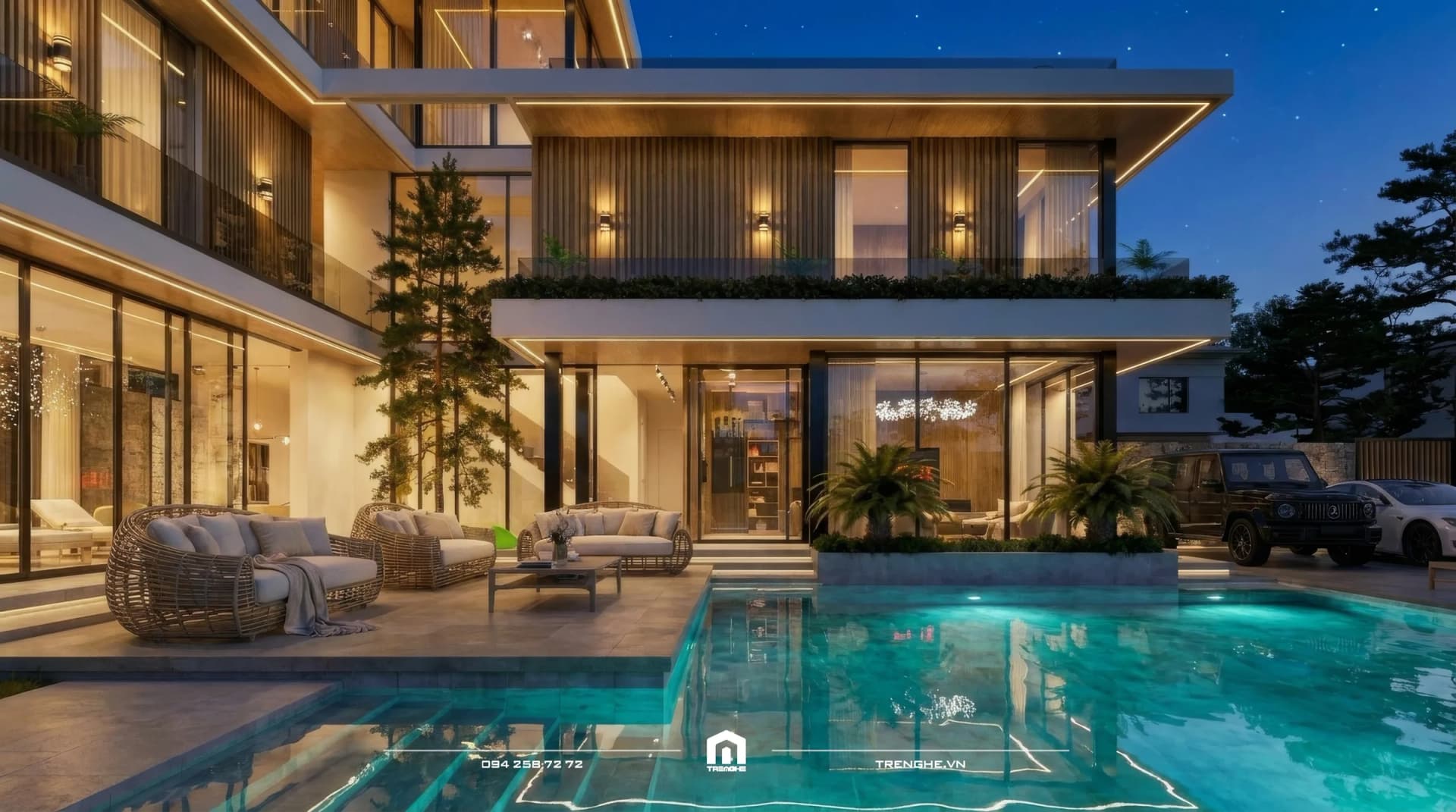 Biệt thự D’ Villa Long Hải về đêm nhìn từ hồ bơi, ban công mỗi tầng trồng cây xanh