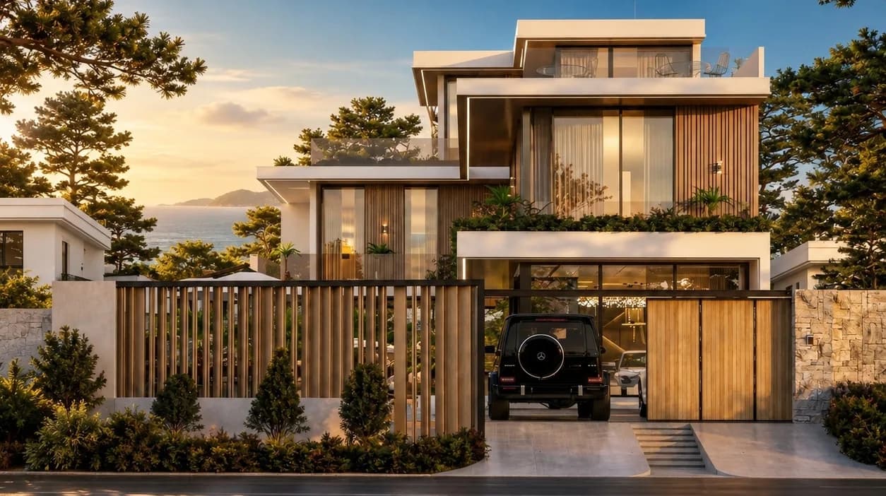 Mặt tiền D’ Villa Long Hải lúc chiều tà với cổng lam gỗ