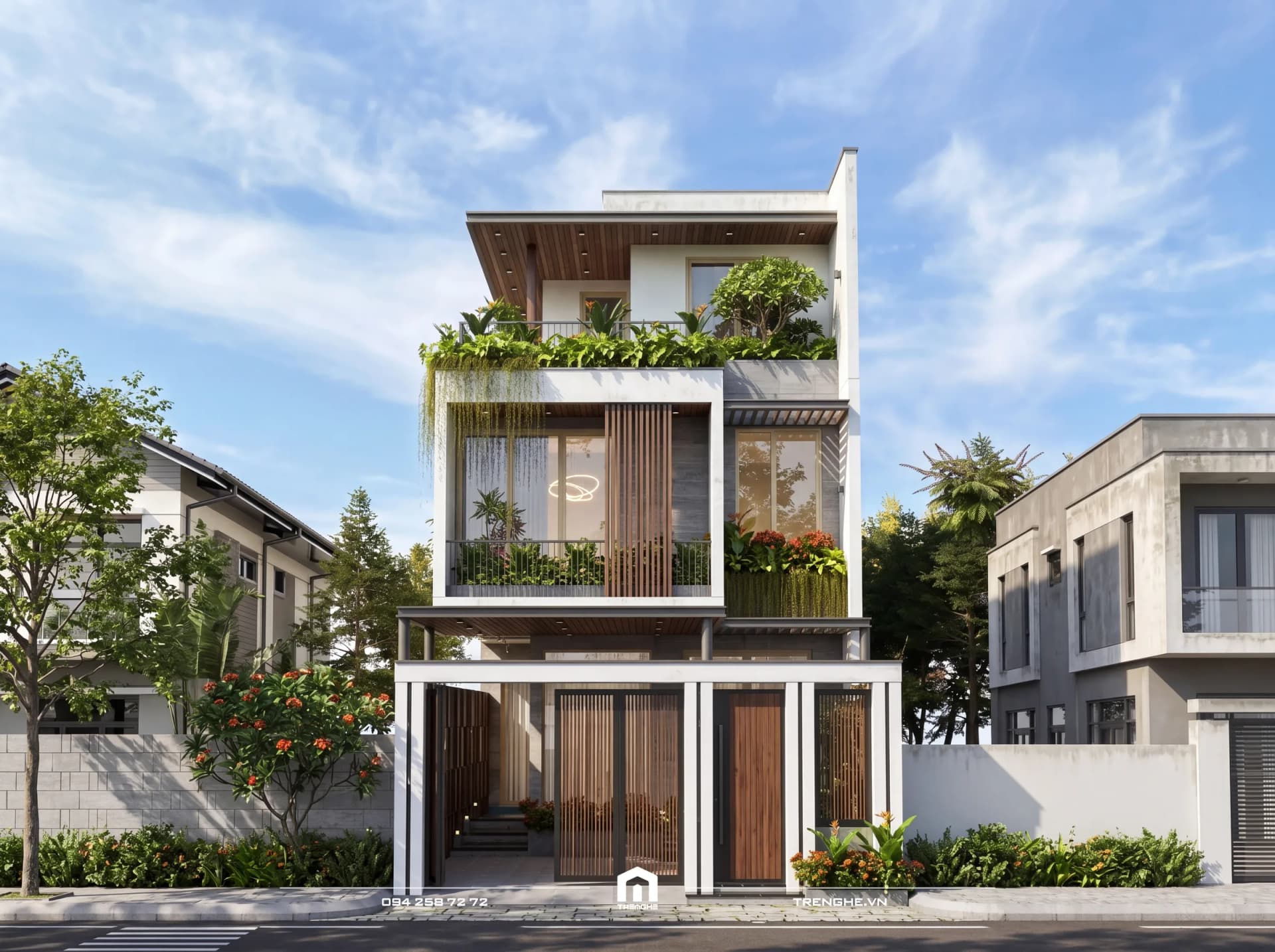 Mặt tiền biệt thự phố 3 tầng D’ Villa Bà Rịa ban ngày với mái đua trần gỗ, vườn treo rủ xanh và cổng nan gỗ