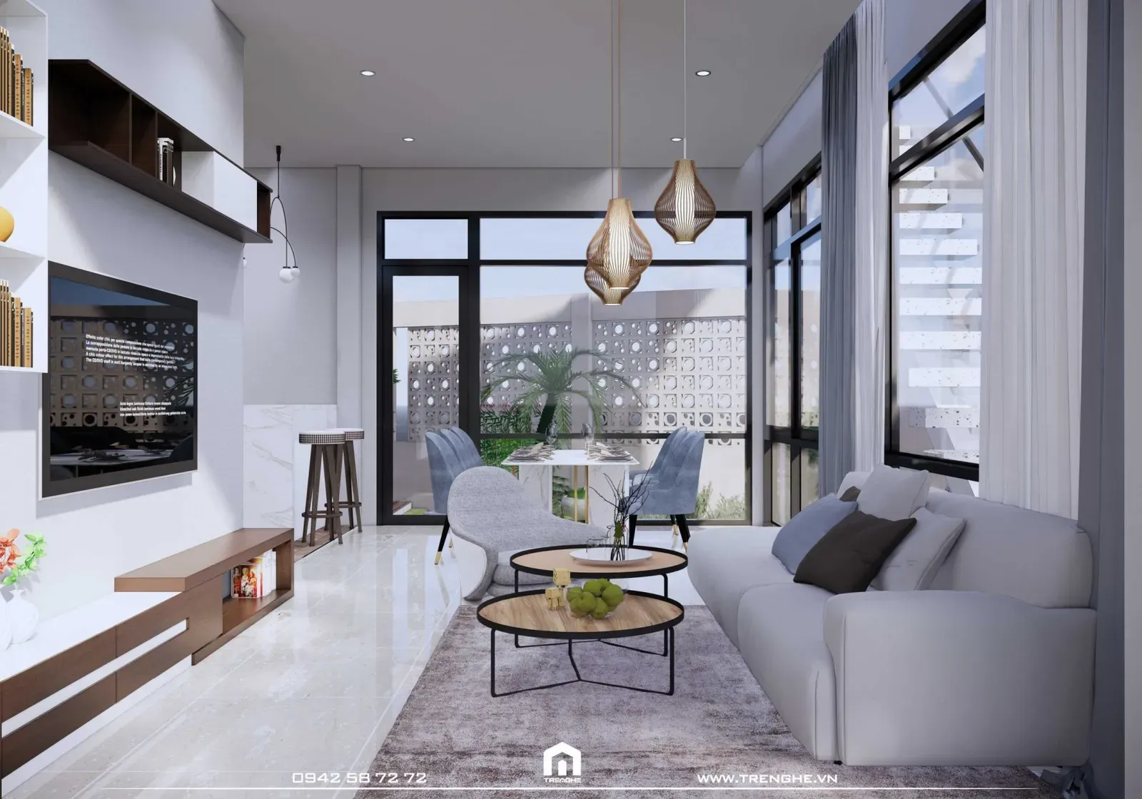 Phòng khách cùng tông xanh dương từ nội thất đến màu sơn