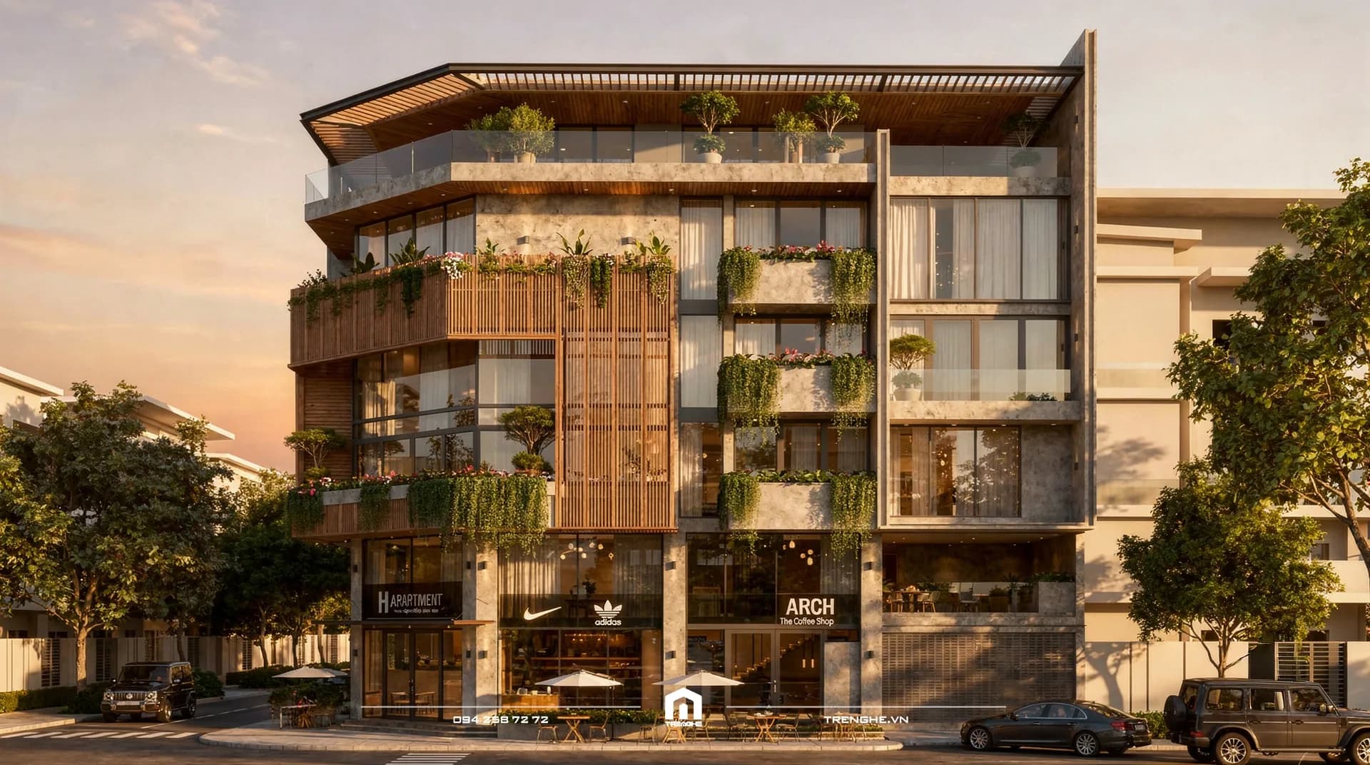 Mặt tiền biệt thự phố thương mại H’ Villa lúc hoàng hôn, lam gỗ bao ban công và tầng trệt kinh doanh