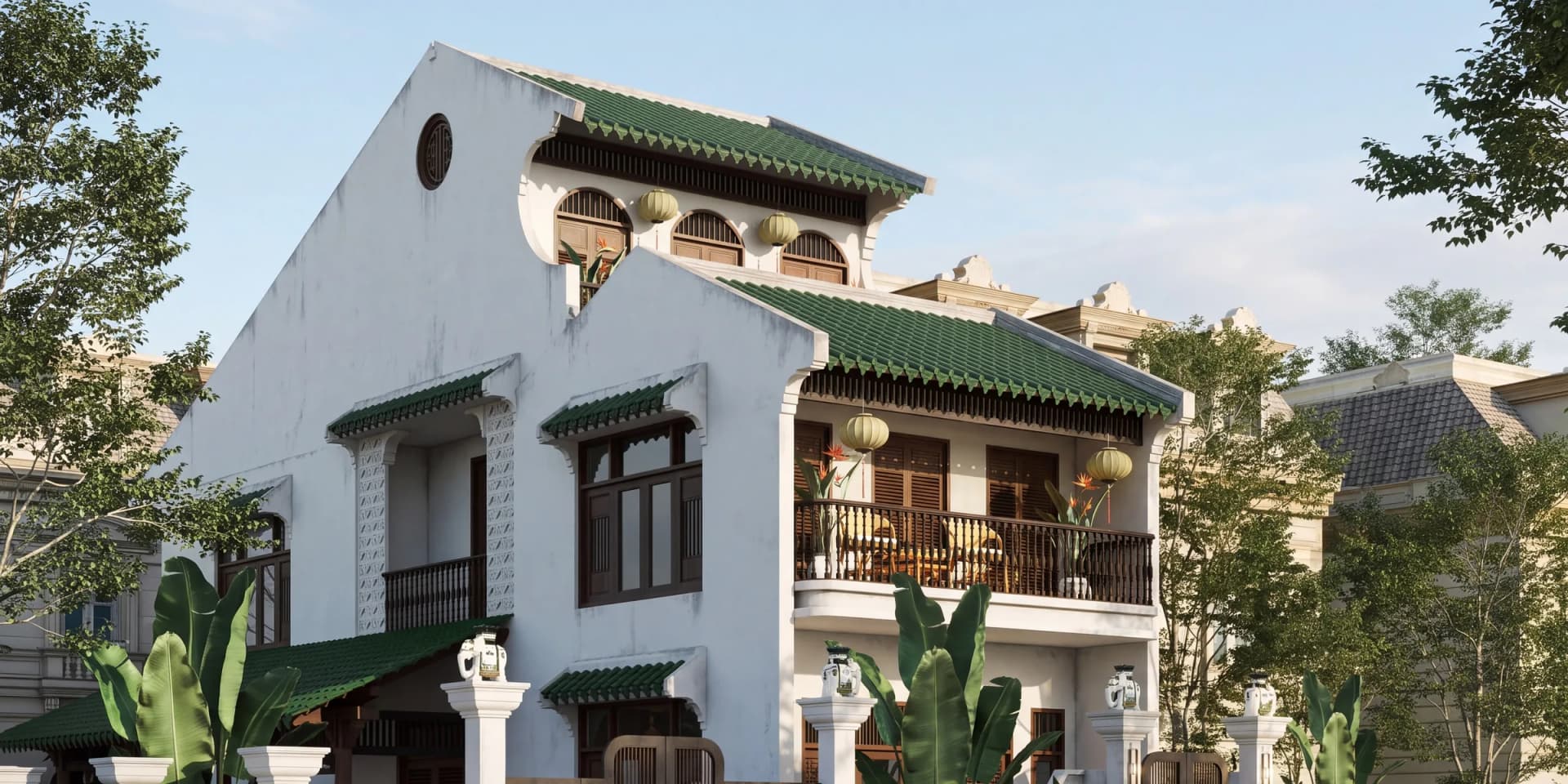 Nhà phố HA’ House Long Hải nhìn góc chéo: hồi nhà trắng có ô cửa tròn, hai lớp mái ngói xanh và ban công treo đèn lồng