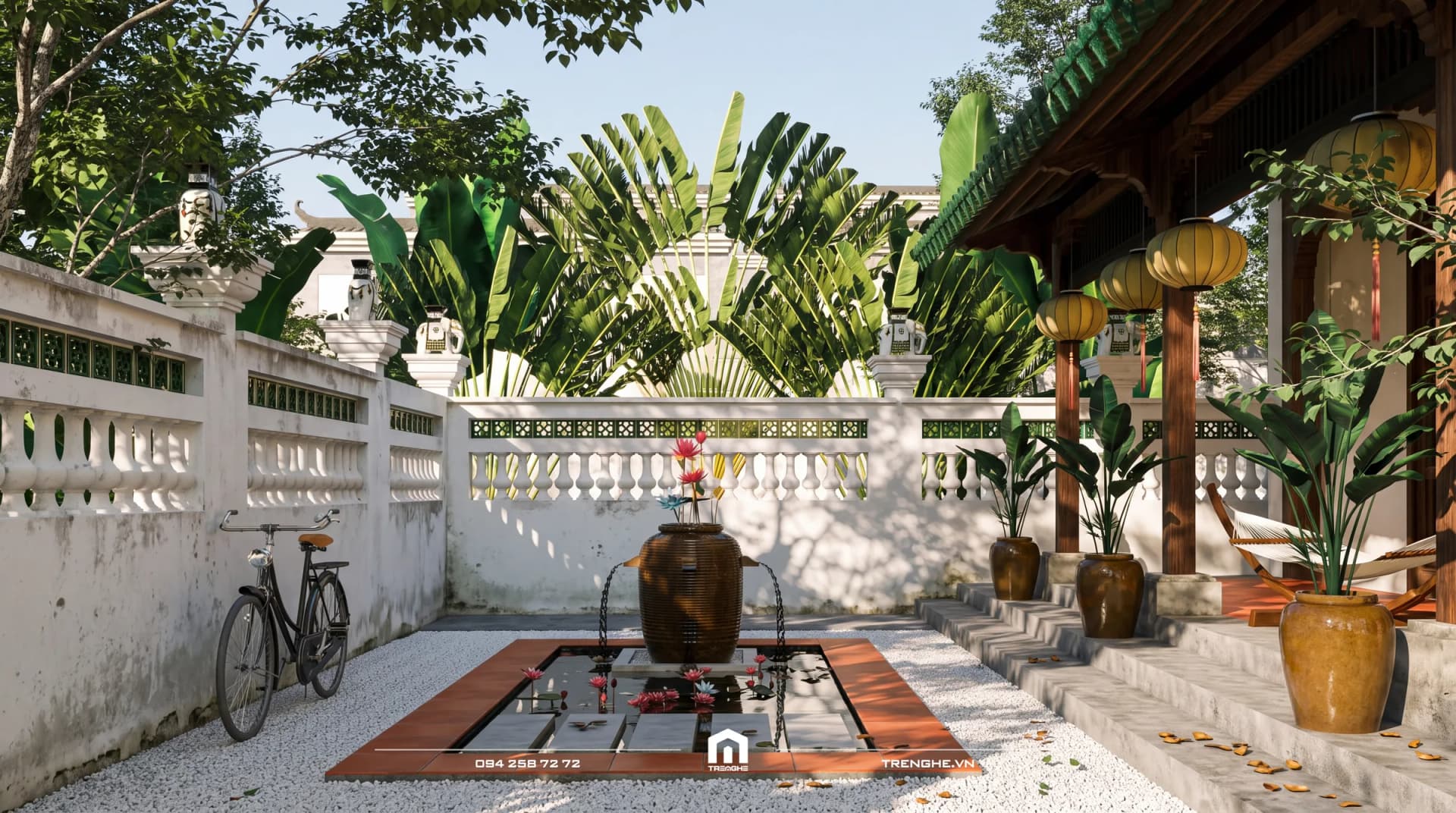 Sân trước HA’ House ban ngày với hồ cá koi viền gạch đỏ, chum nước phun giữa hồ, sỏi trắng, xe đạp cổ và hàng chuối rẻ quạt