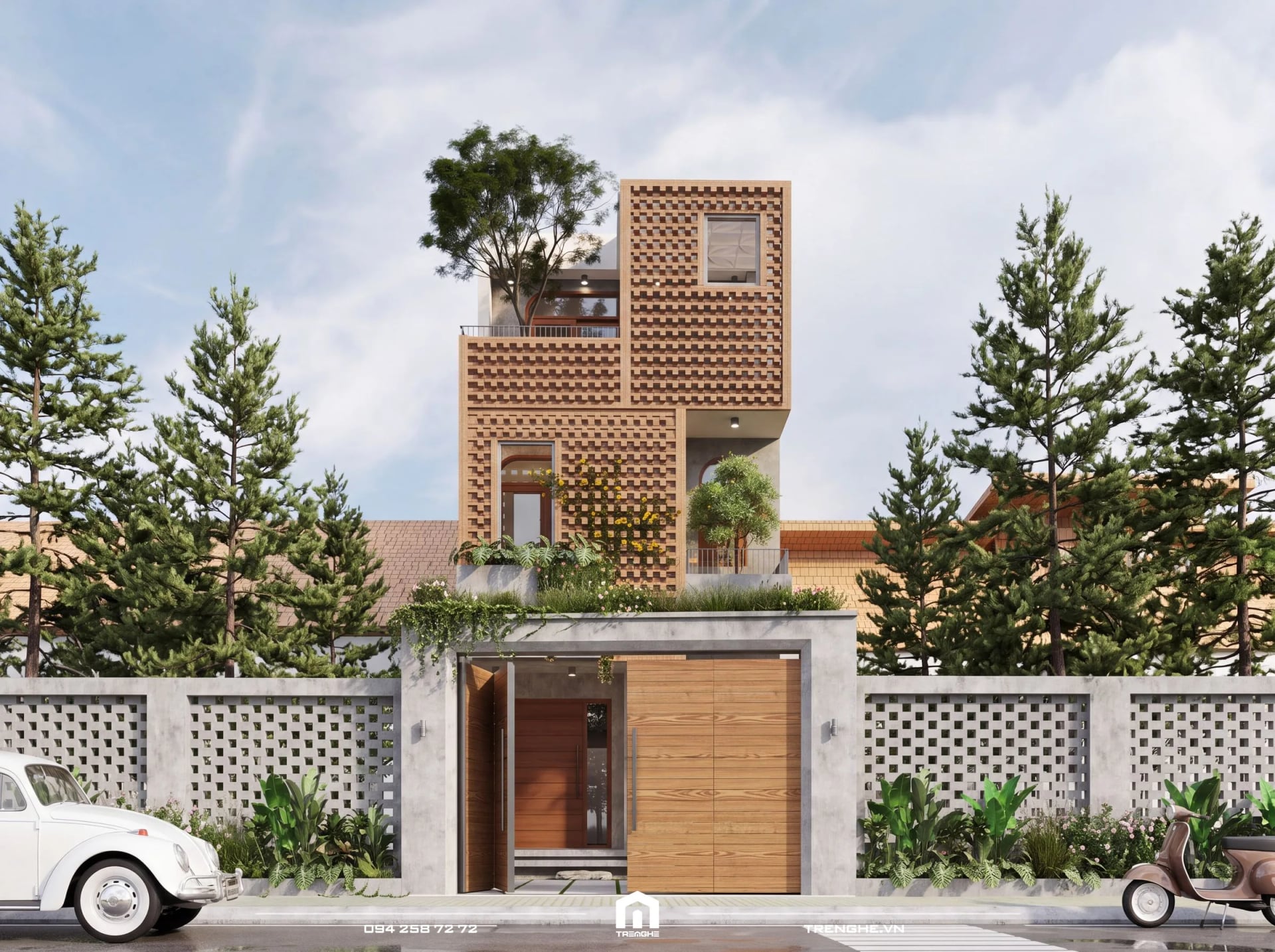 Mặt tiền nhà phố 3 tầng K’ House với khối gạch bông gió đất nung và cổng gỗ
