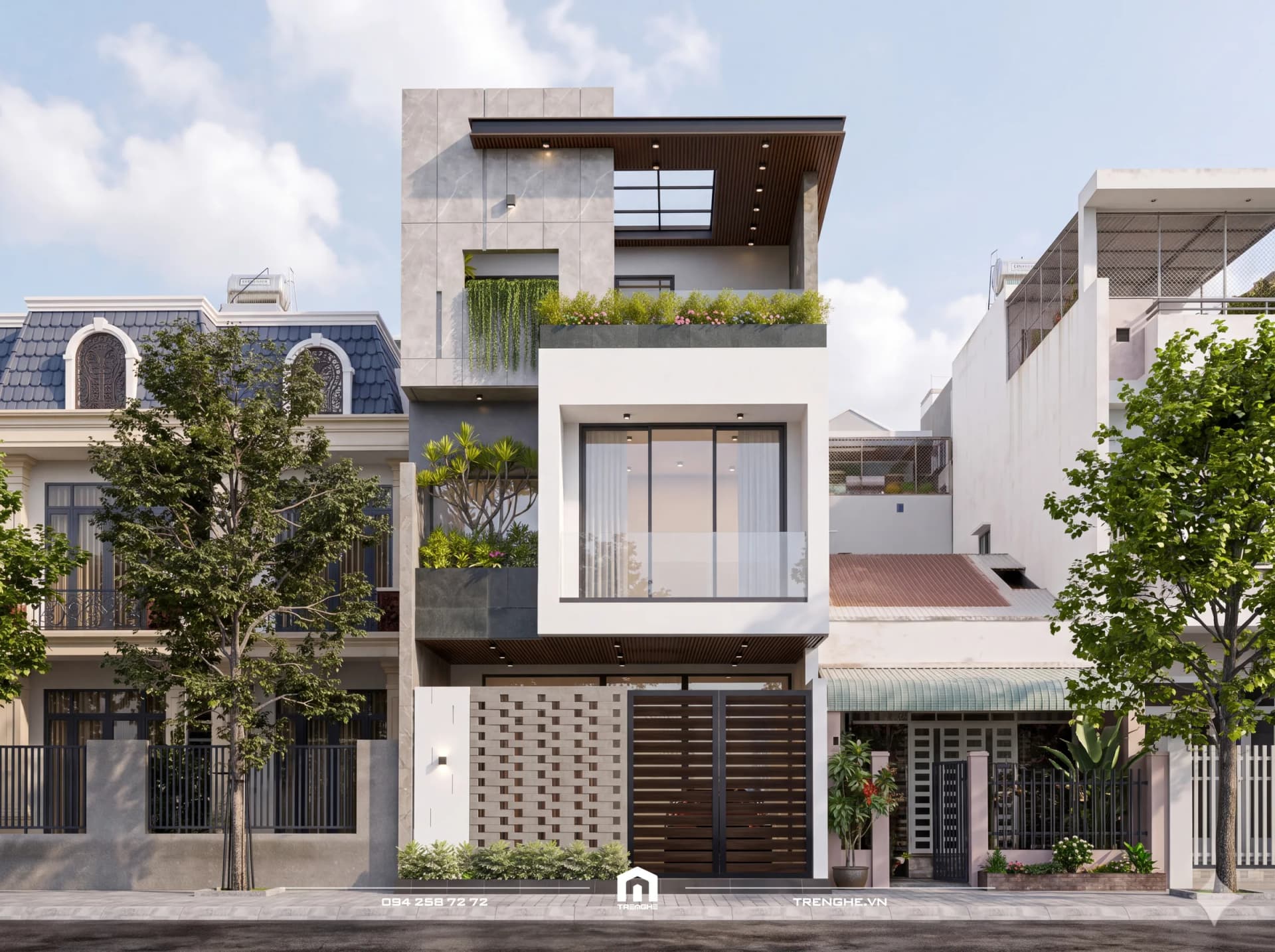 Mặt tiền nhà phố 3 tầng KA’ House Long Hải ban ngày với mái lam gỗ, khối hộp trắng ban công kính và cổng gỗ