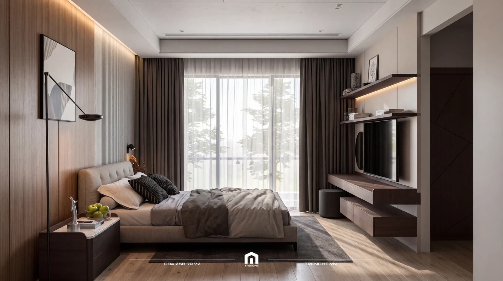 Phòng ngủ KA’ House đón nắng qua rèm voan, kệ tivi treo tường gỗ tối màu đối diện giường