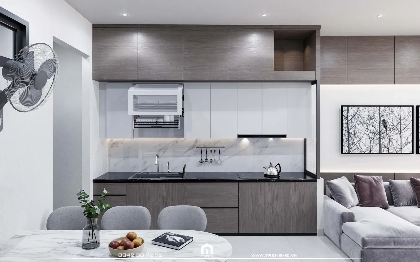 Hệ tủ bếp chữ I đụng trần gọn gàng