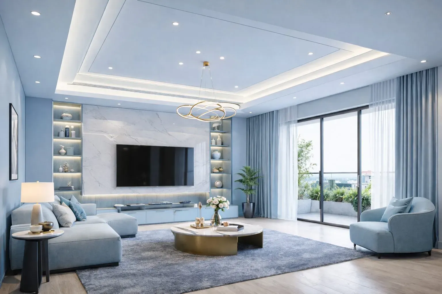 Không gian sống hiện đại với màu xanh dương