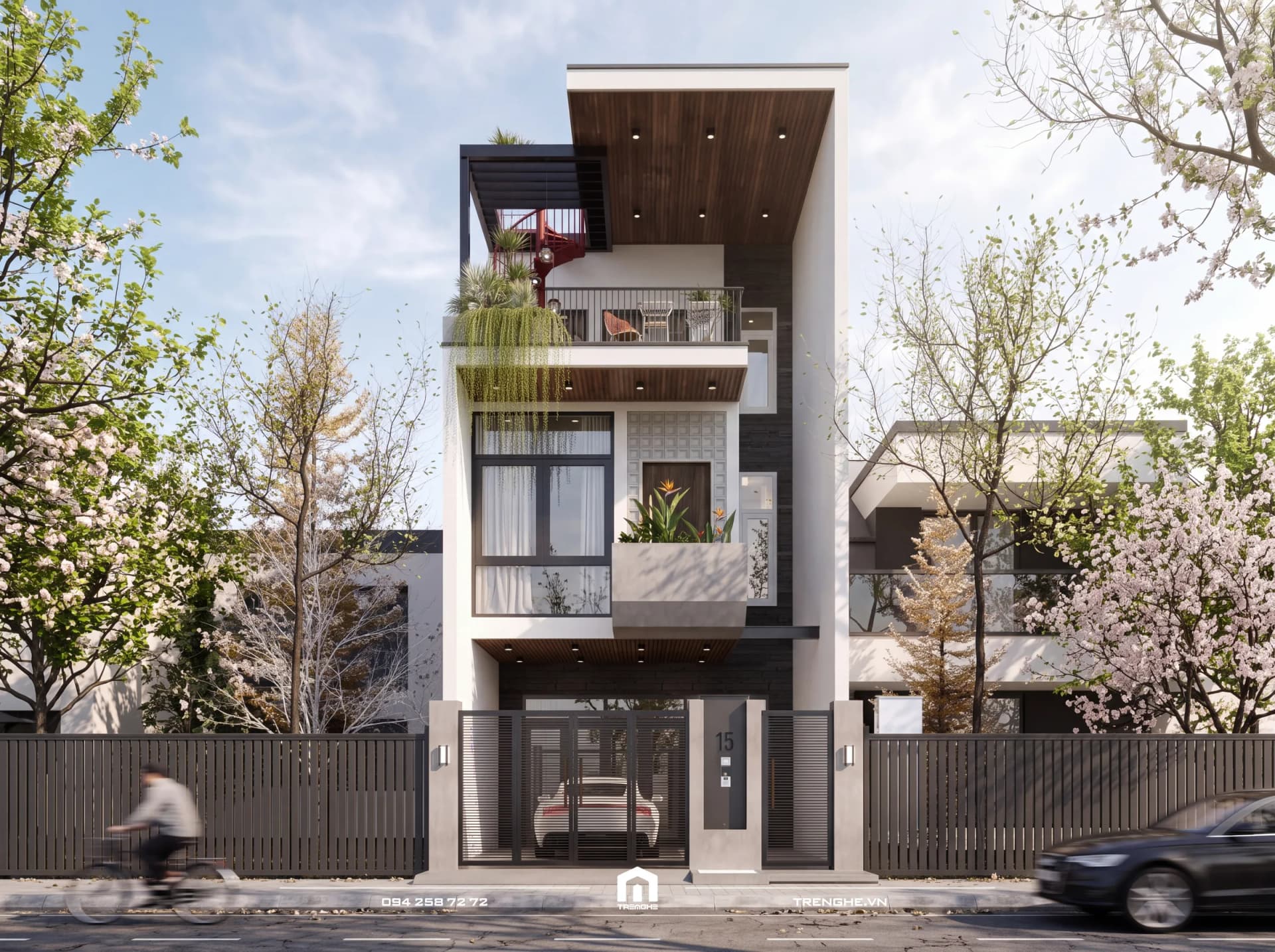 Mặt tiền nhà phố 3 tầng L’ House Vũng Tàu ban ngày với trần lam gỗ, ban công vườn treo và cổng sắt tối giản