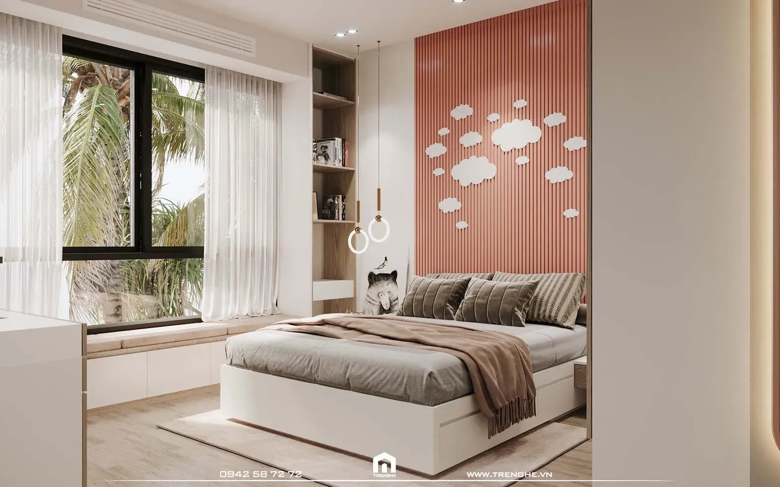 Tre Nghệ ốp hệ lam gỗ và trang trí phần vách tường đầu giường phòng ngủ L’