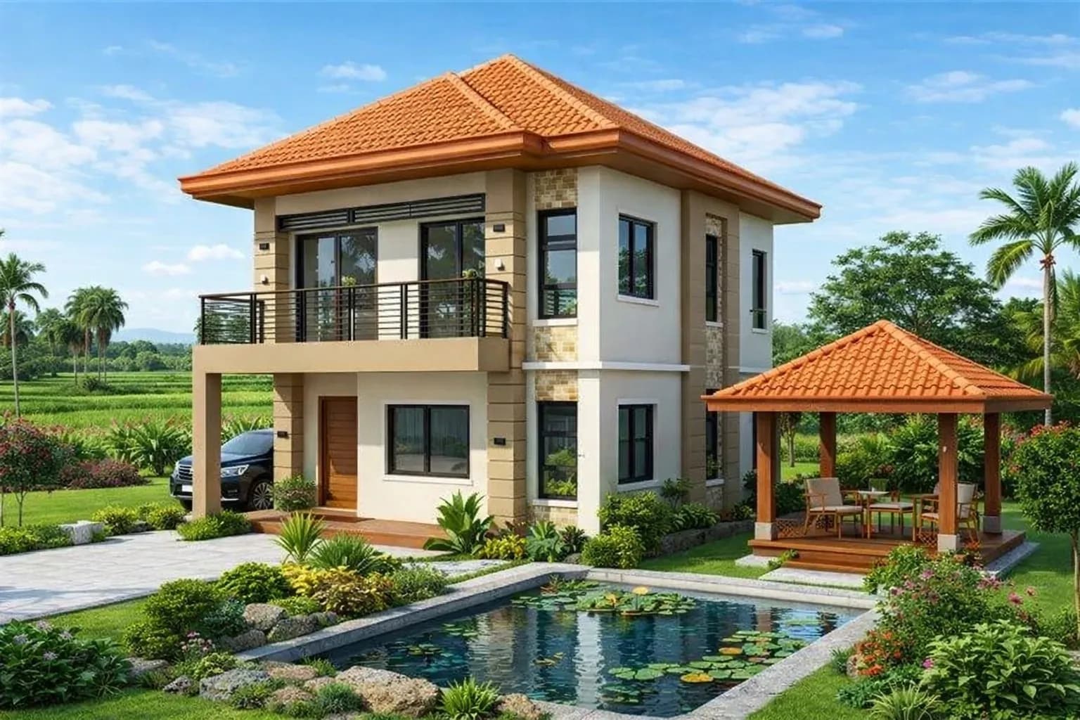 Mẫu nhà 2 tầng 1 tum ở nông thôn gần gũi thiên nhiên