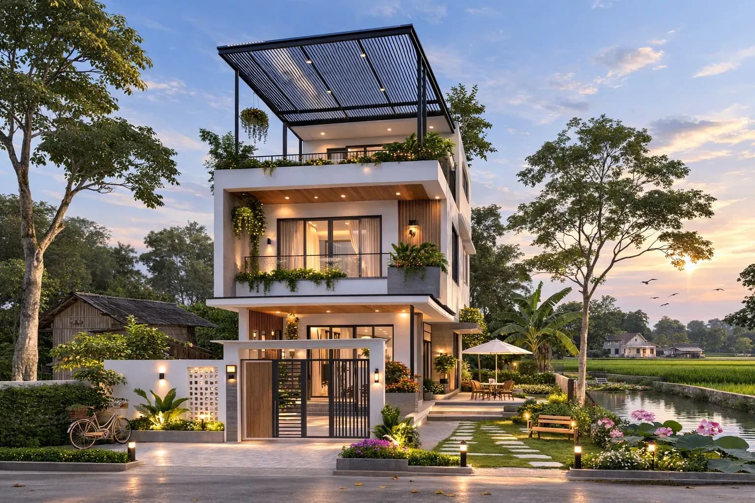 Mẫu nhà 2 tầng 1 tum ở nông thôn sang trọng