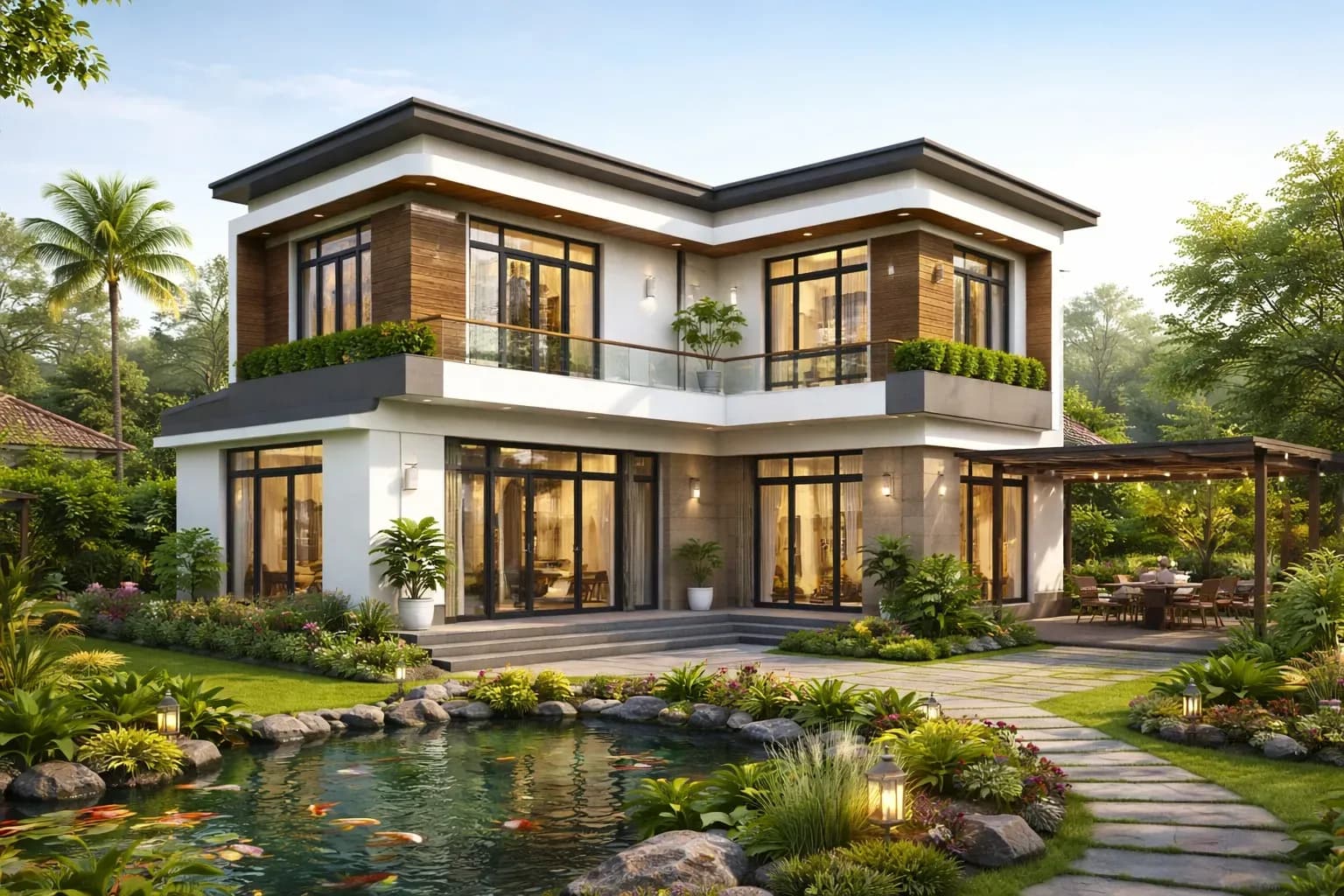 Mẫu nhà 2 tầng nông thôn chữ L bố cục hài hòa