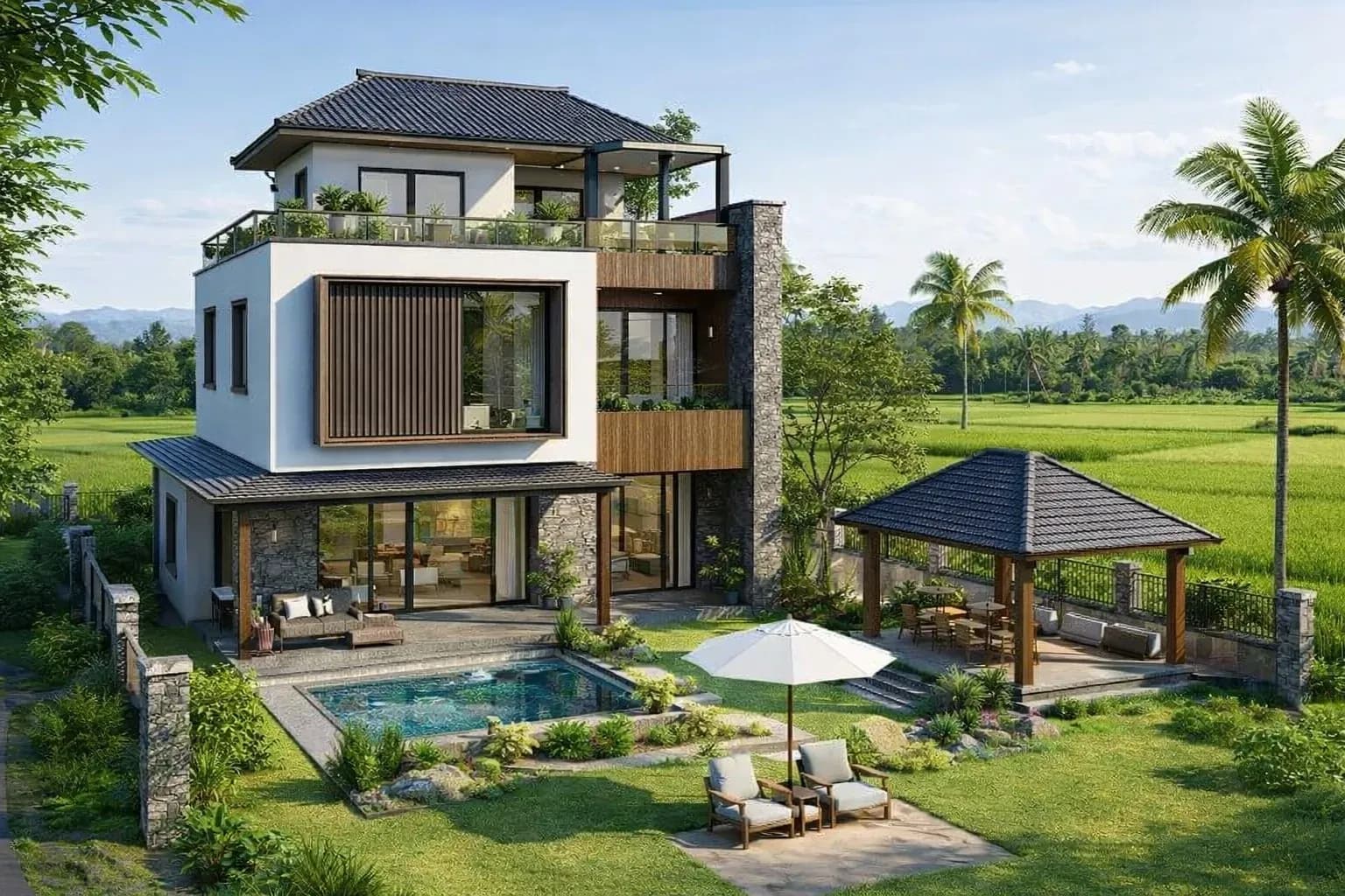 Mẫu nhà 2 tầng nông thôn chữ L hiện đại sang trọng