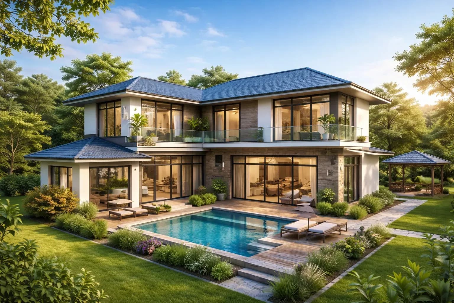 Mẫu nhà 2 tầng nông thôn chữ L kết hợp sân vườn