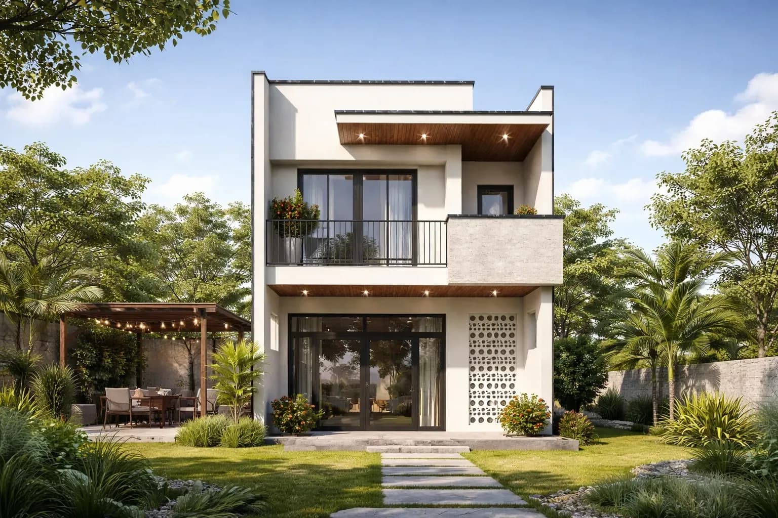 Mẫu nhà 2 tầng nông thôn mái bằng có sân vườn rộng