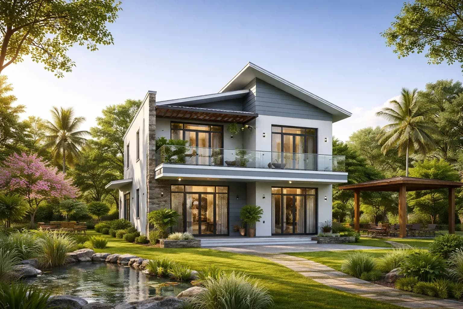 Mẫu nhà 2 tầng nông thôn mái bằng đẹp hiện đại