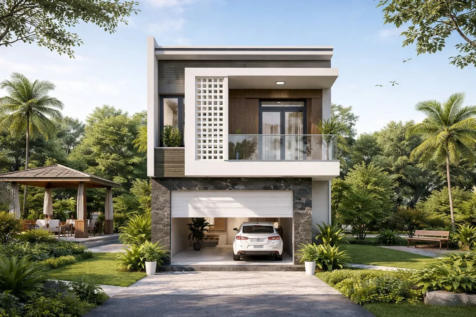 Mẫu nhà 2 tầng nông thôn mái bằng tối giản, tinh tế