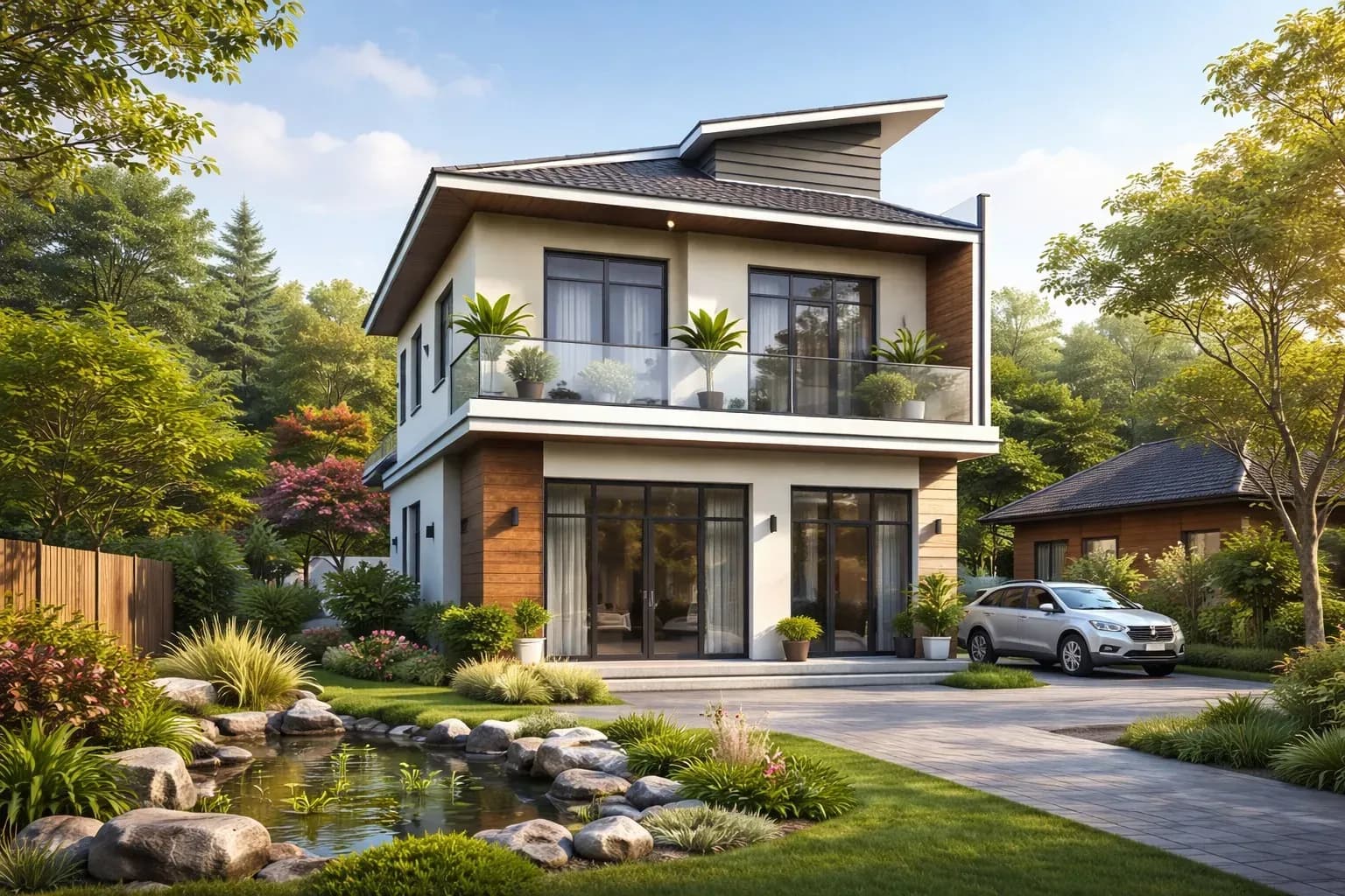 Mẫu nhà 2 tầng nông thôn mái lệch gần gũi thiên nhiên