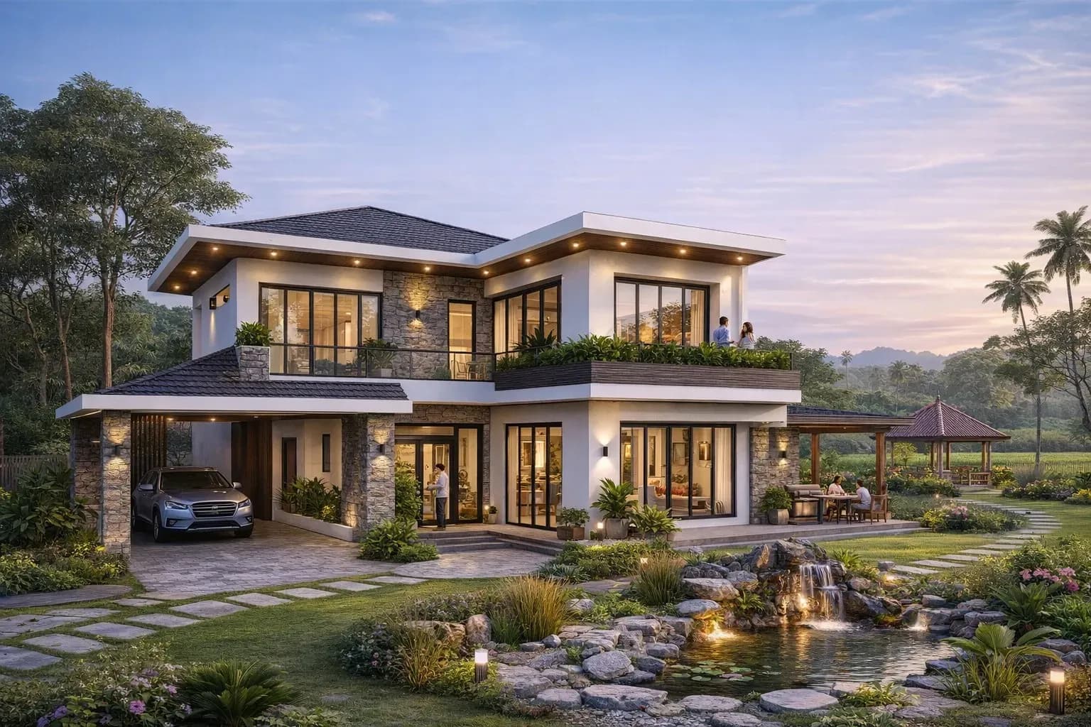 Mẫu nhà 2 tầng nông thôn mái lệch kết hợp sân vườn