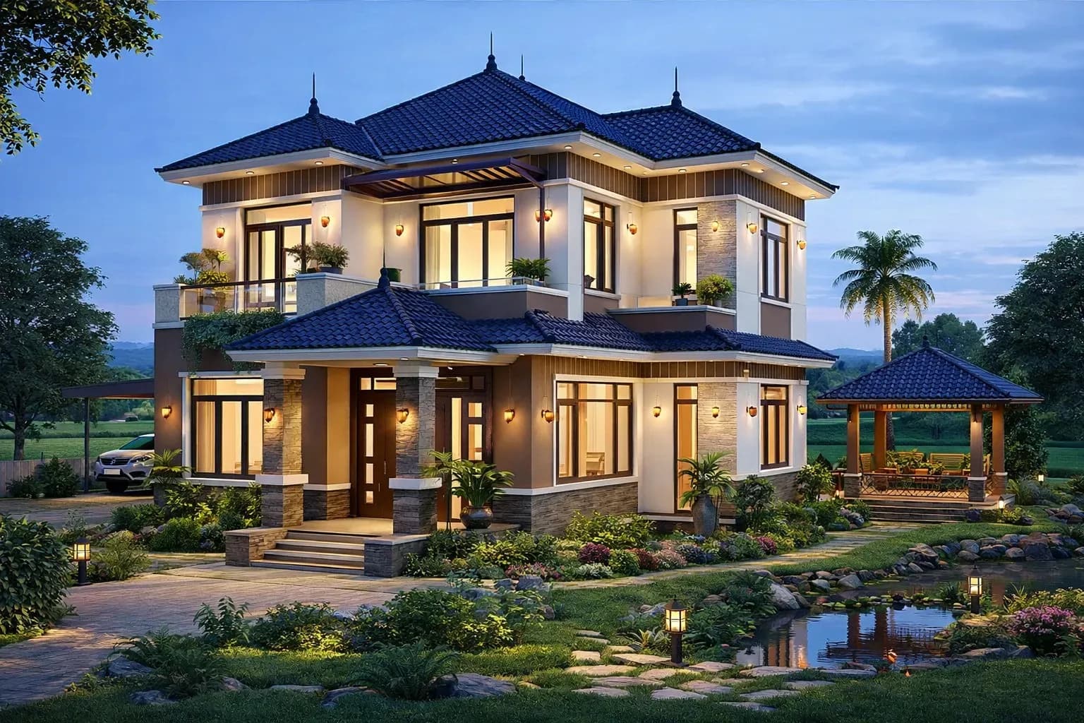 Mẫu nhà 2 tầng nông thôn mái Nhật đẹp, sang trọng