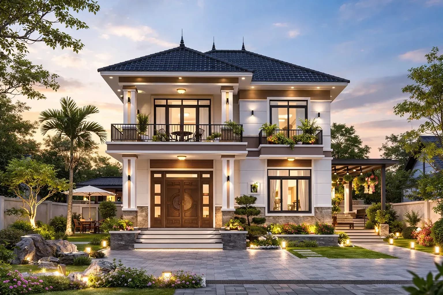 Mẫu nhà 2 tầng nông thôn mái Nhật đón gió, thoáng mát