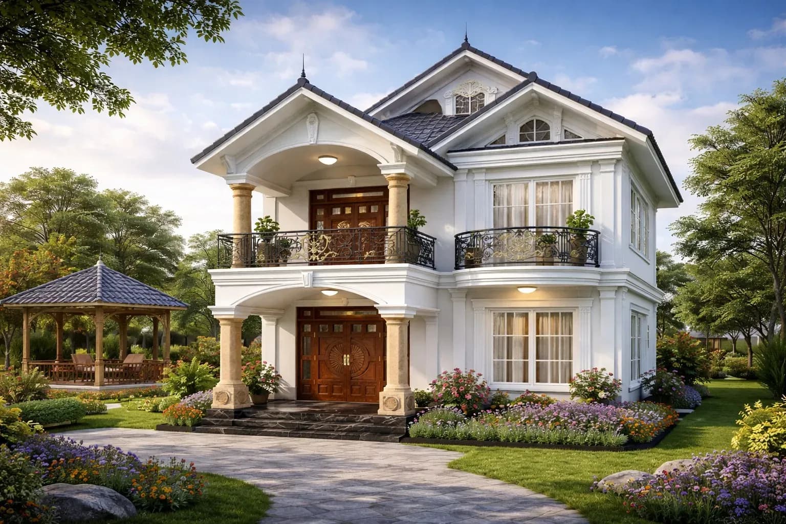 Mẫu nhà 2 tầng nông thôn mái Thái cho gia đình đông người