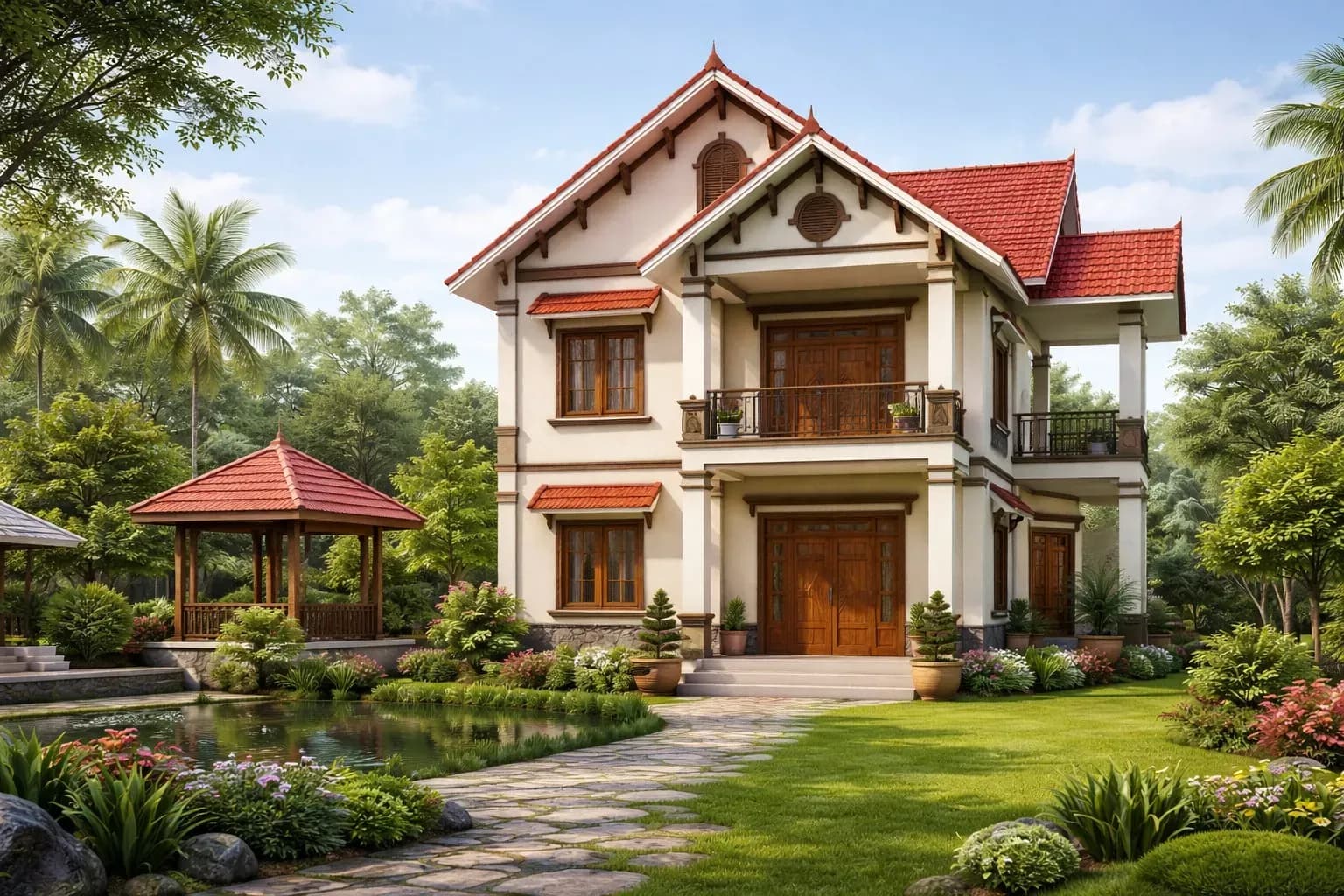 Mẫu nhà 2 tầng nông thôn mái Thái phù hợp khí hậu Việt Nam