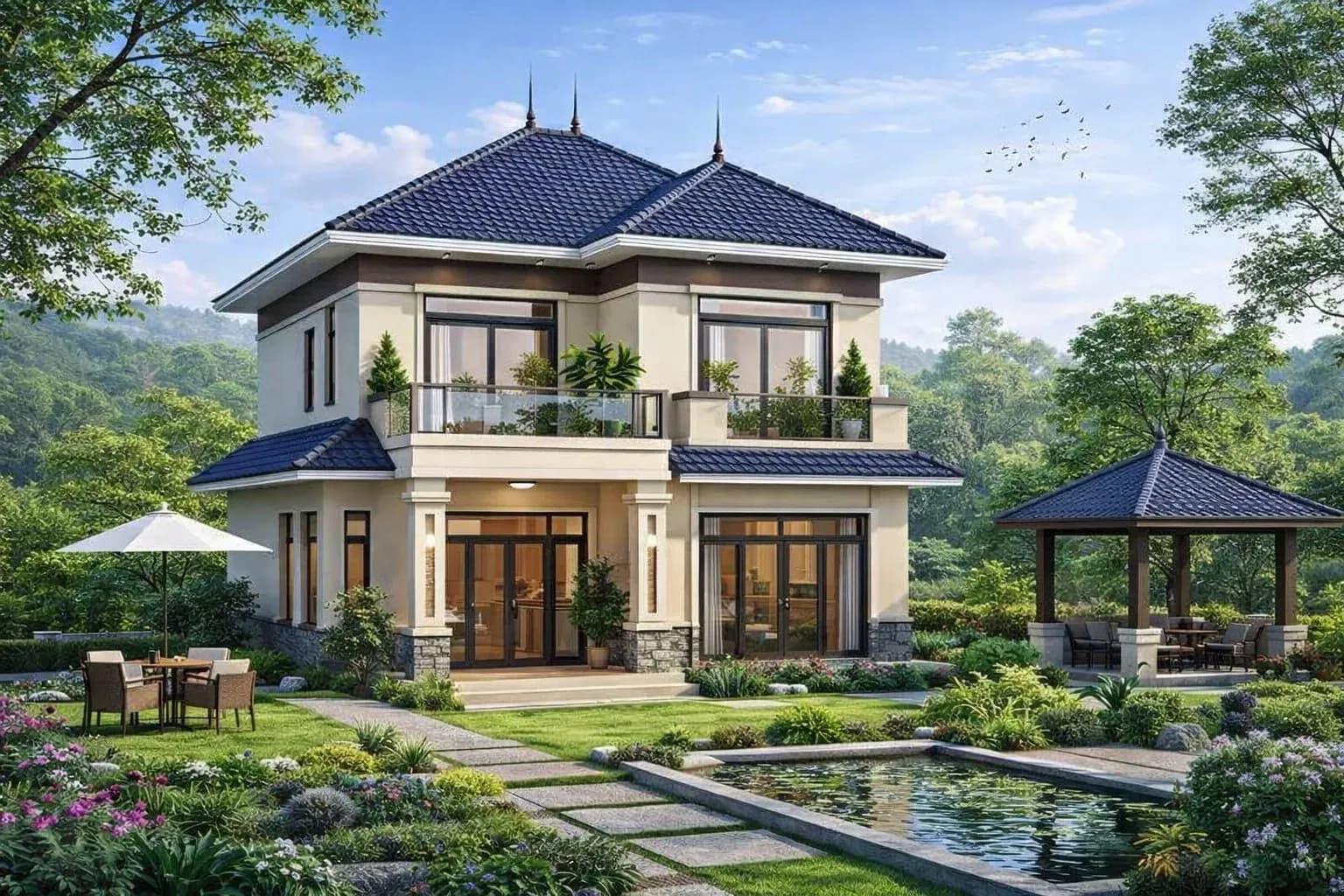 Mẫu nhà 2 tầng nông thôn mái Thái thiết kế tối ưu ánh sáng