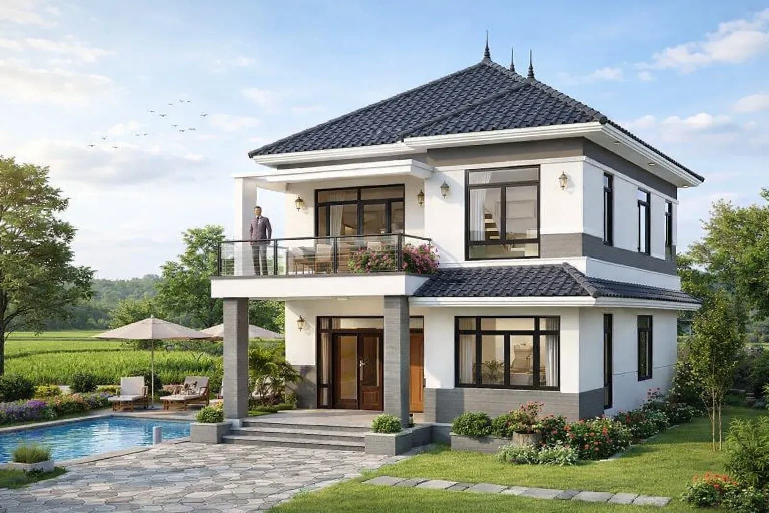 Mẫu nhà 2 tầng nông thôn phong cách hiện đại kết hợp sân vườn