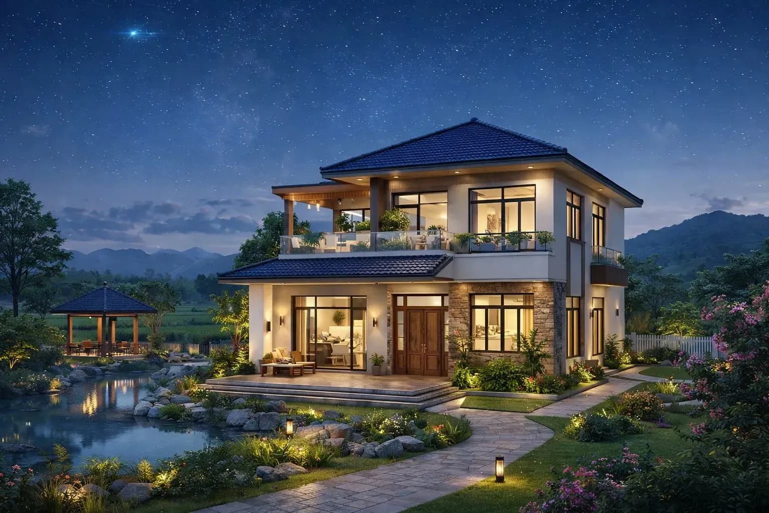 Mẫu nhà 2 tầng nông thôn phong cách hiện đại sang trọng