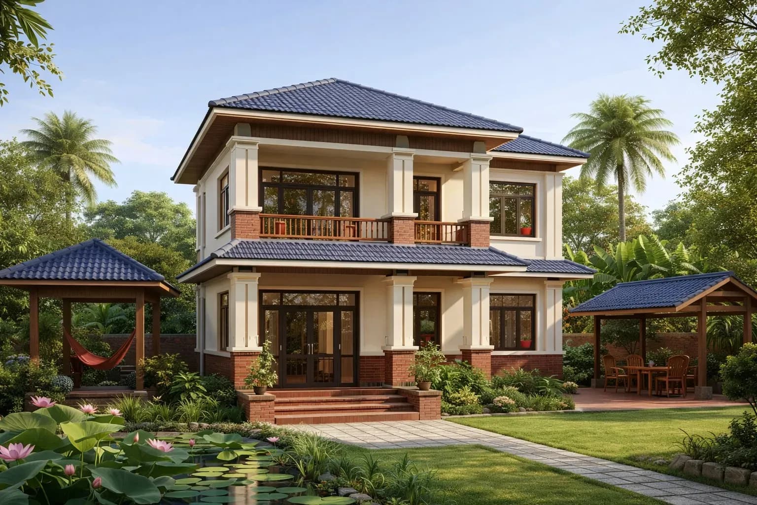 Mẫu nhà 2 tầng nông thôn truyền thống bố cục hài hòa