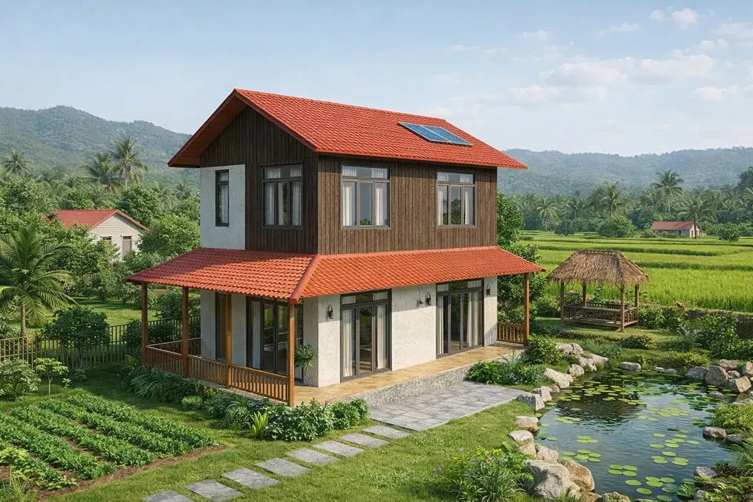 Mẫu nhà 2 tầng nông thôn truyền thống gần gũi thiên nhiên