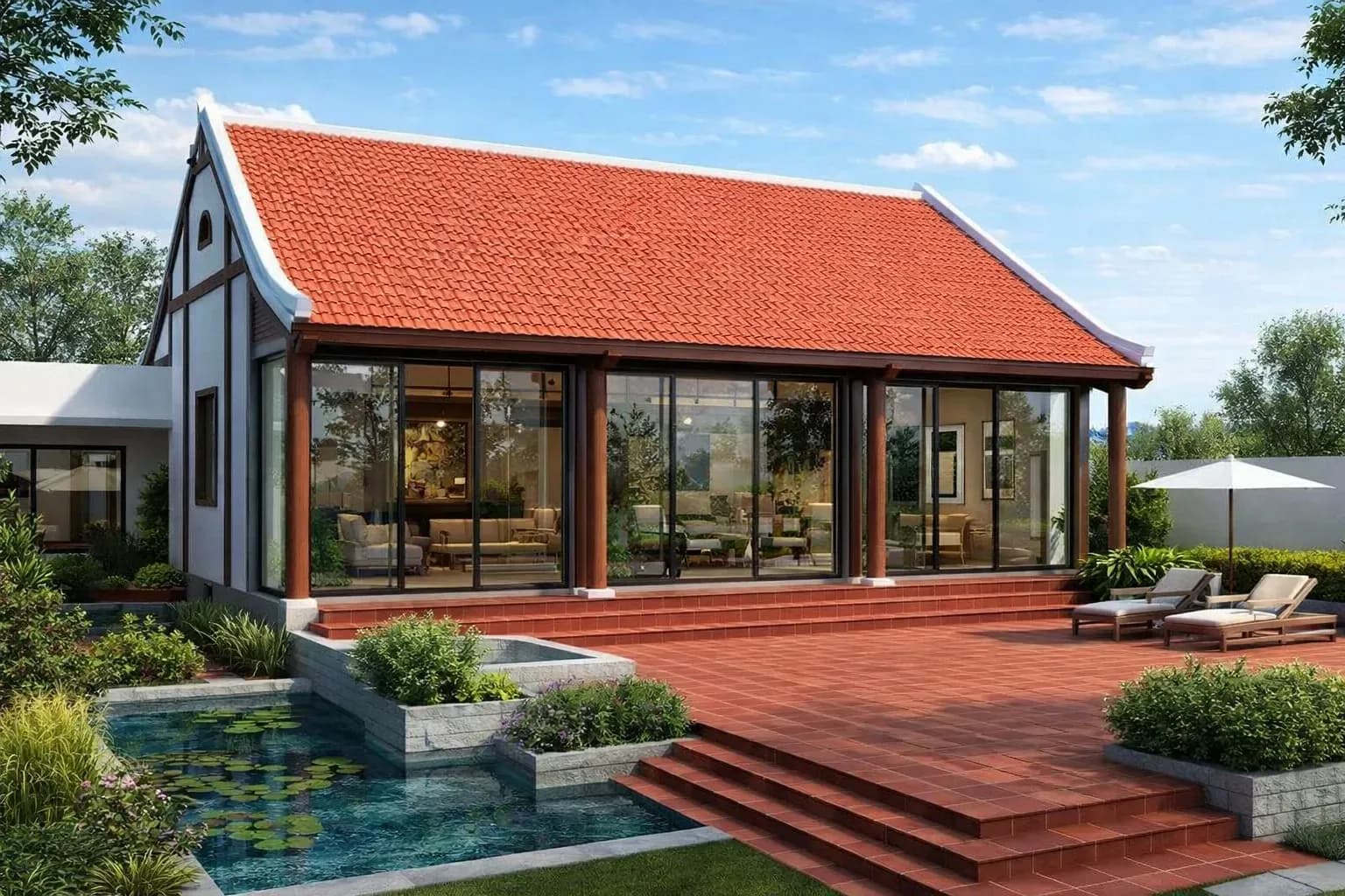 Mẫu nhà 3 gian hiện đại kết hợp kính bố cục hài hòa