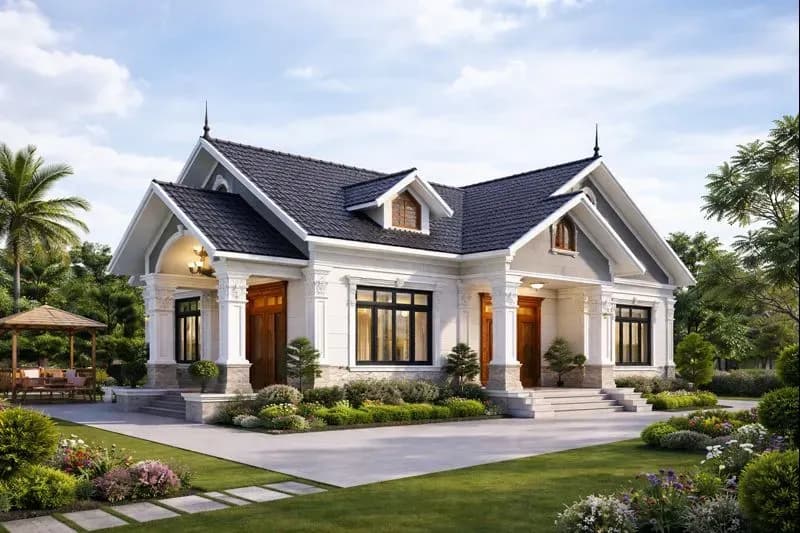 Mẫu nhà cấp 4 mái Thái hiện đại có hồ bơi và hiên rộng