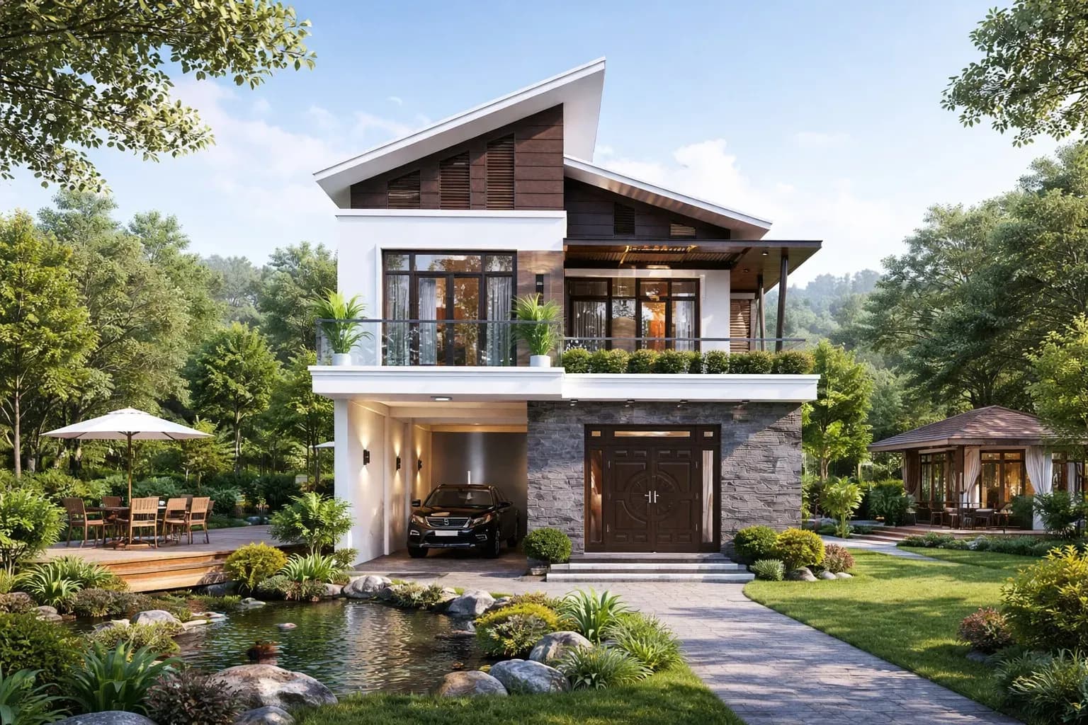 Mẫu nhà ống 2 tầng đẹp ở nông thôn mái lệch sang trọng, hiện đại