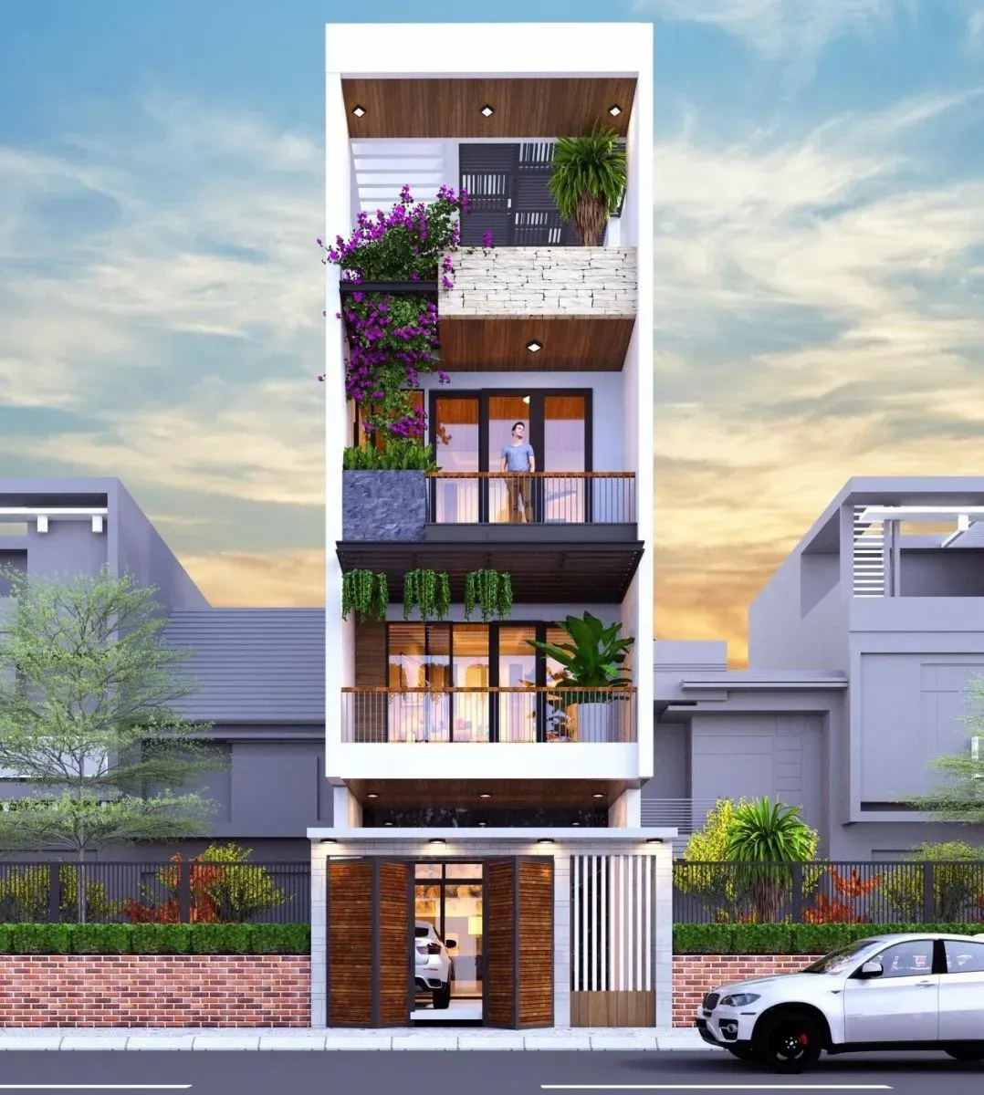 Mẫu nhà phố 4 tầng mặt tiền 5m hiện đại phối lam gỗ