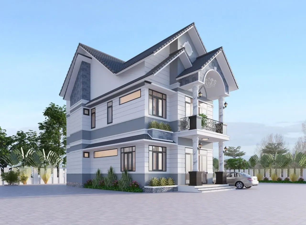 Mặt tiền nhà 2 tầng sơn ngoại thất màu trắng